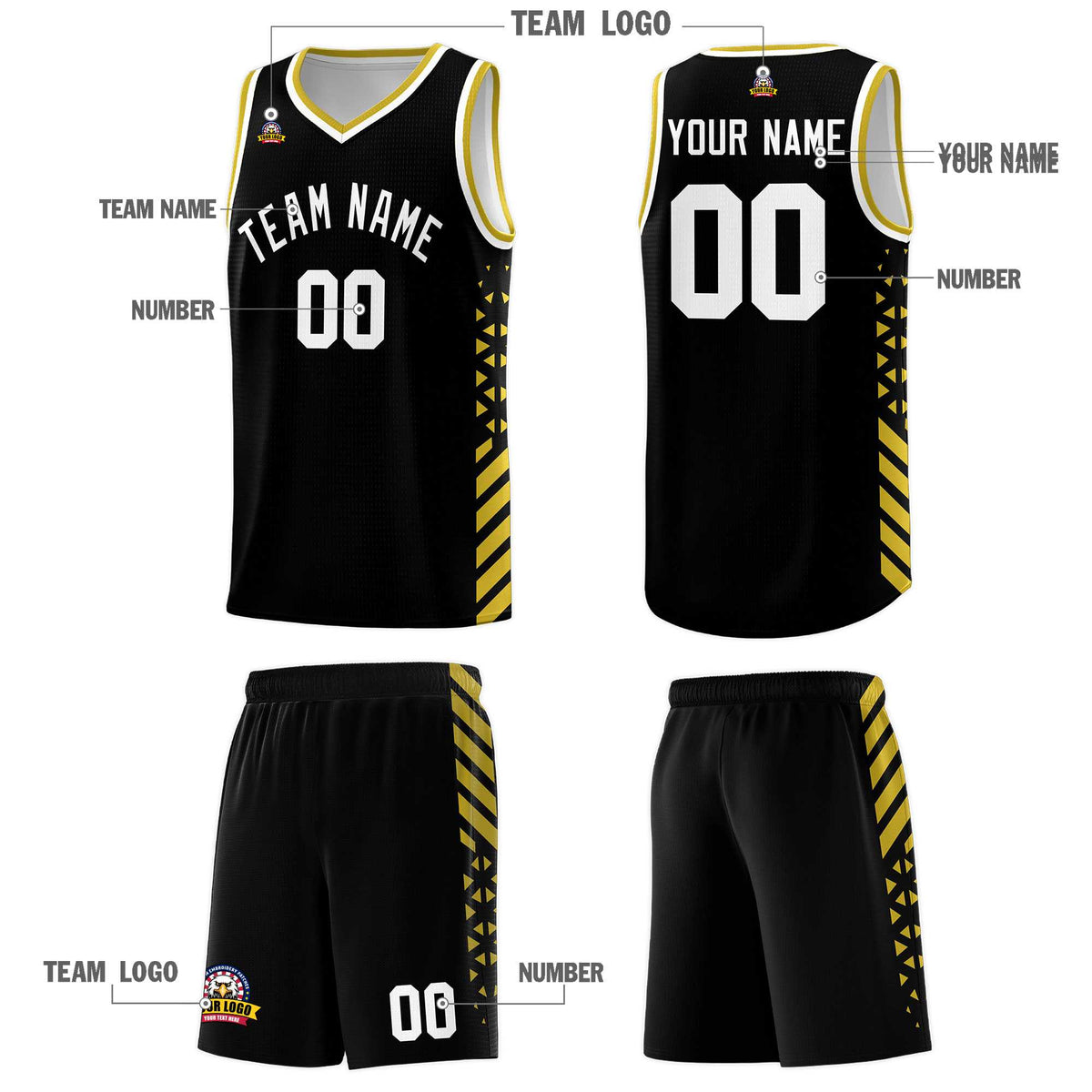 Custom Black Basketball Kits With Side Old Gold Diamond Stripe Pattern