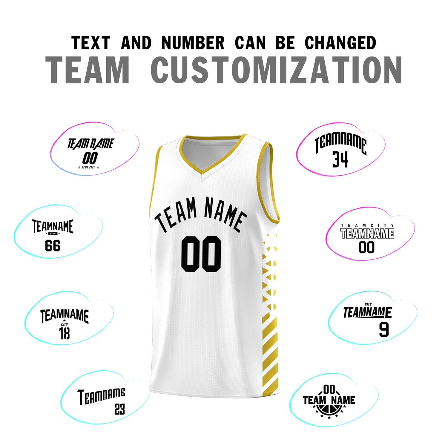 Custom White Basketball Kits With Side Old Gold Diamond Stripe Pattern