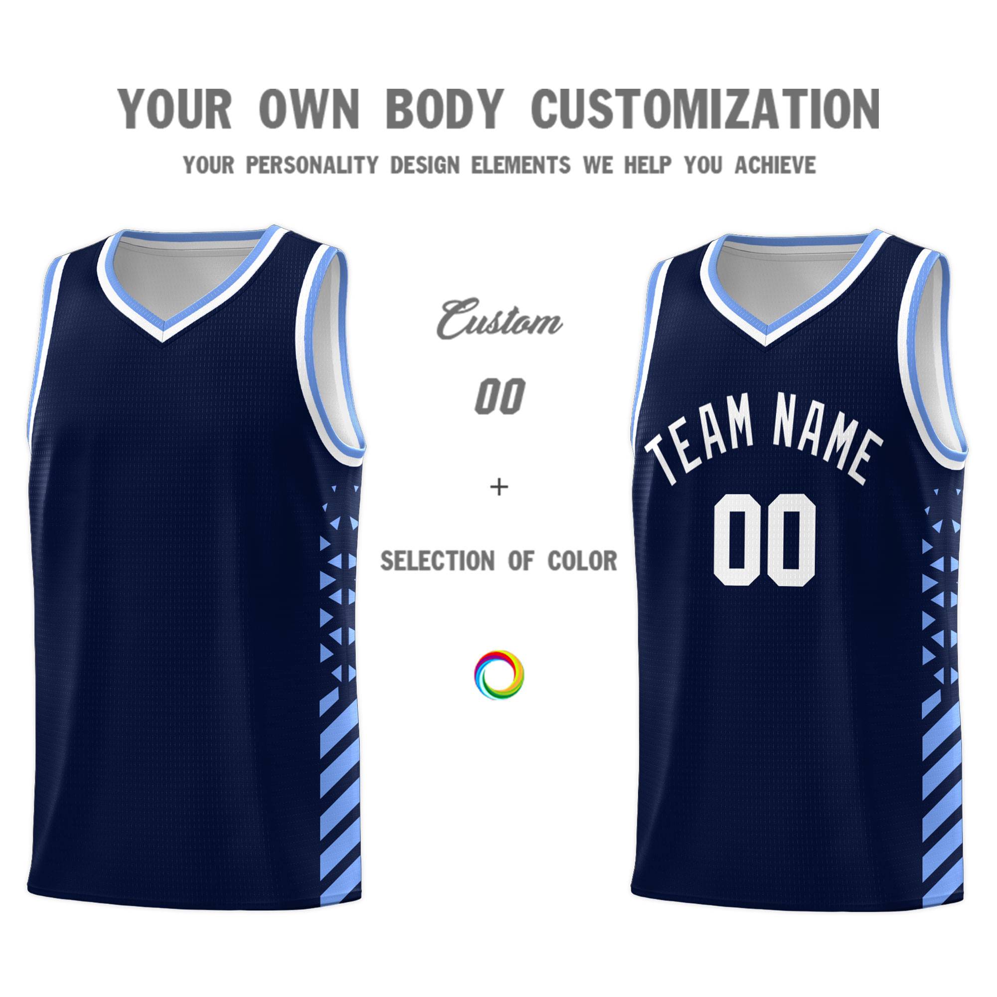 Custom Navy Basketball Kits With Side Light Blue Diamond Stripe Pattern