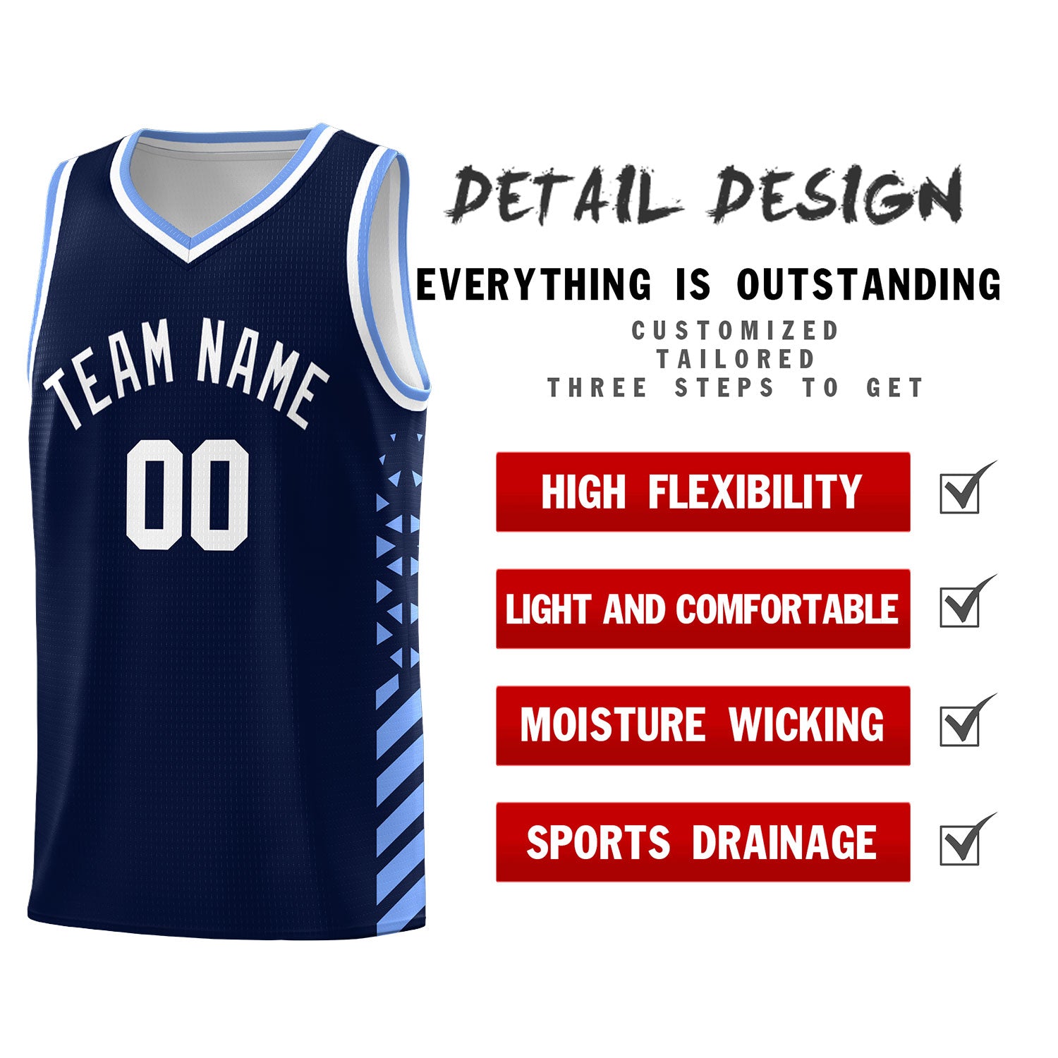 Custom Navy Basketball Kits With Side Light Blue Diamond Stripe Pattern