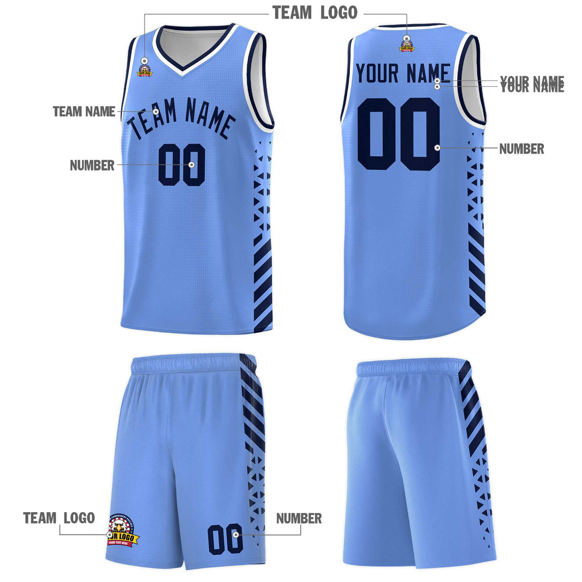 Custom Light Blue Basketball Kits With Side Navy Diamond Stripe Pattern