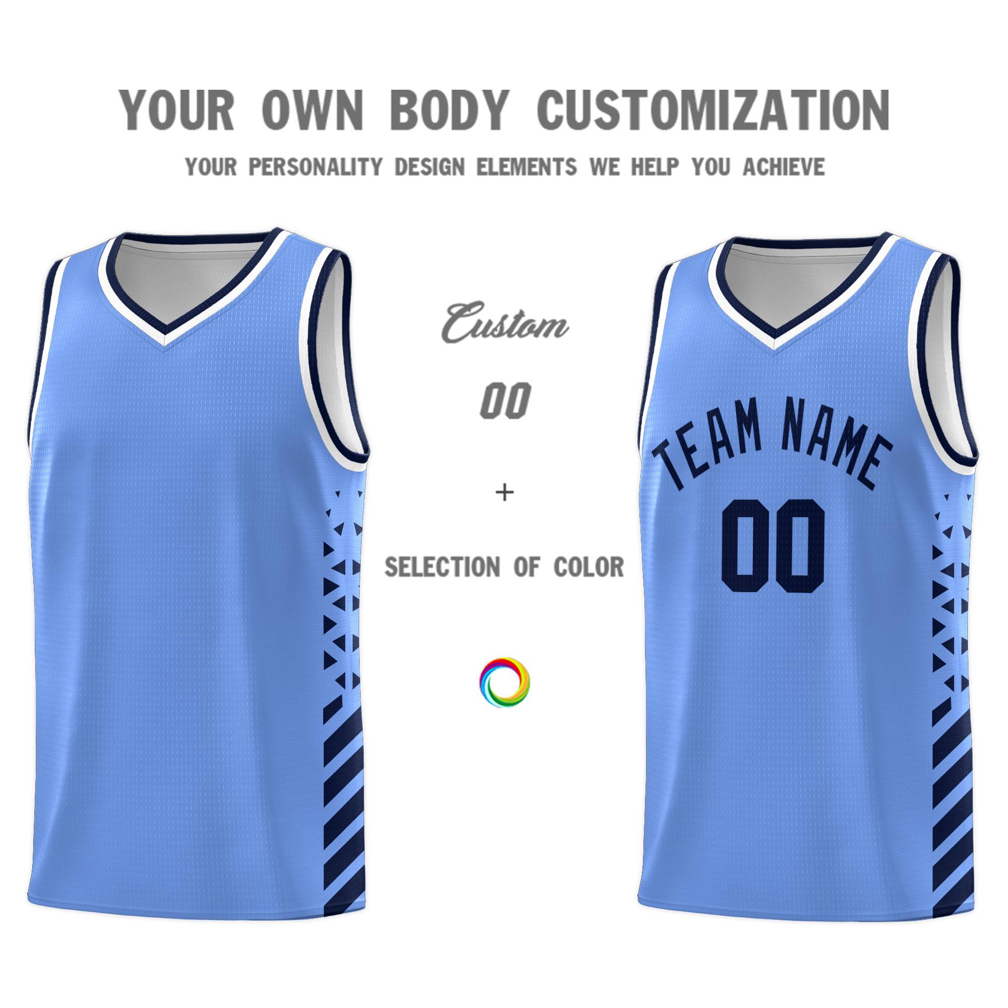 Custom Light Blue Basketball Kits With Side Navy Diamond Stripe Pattern