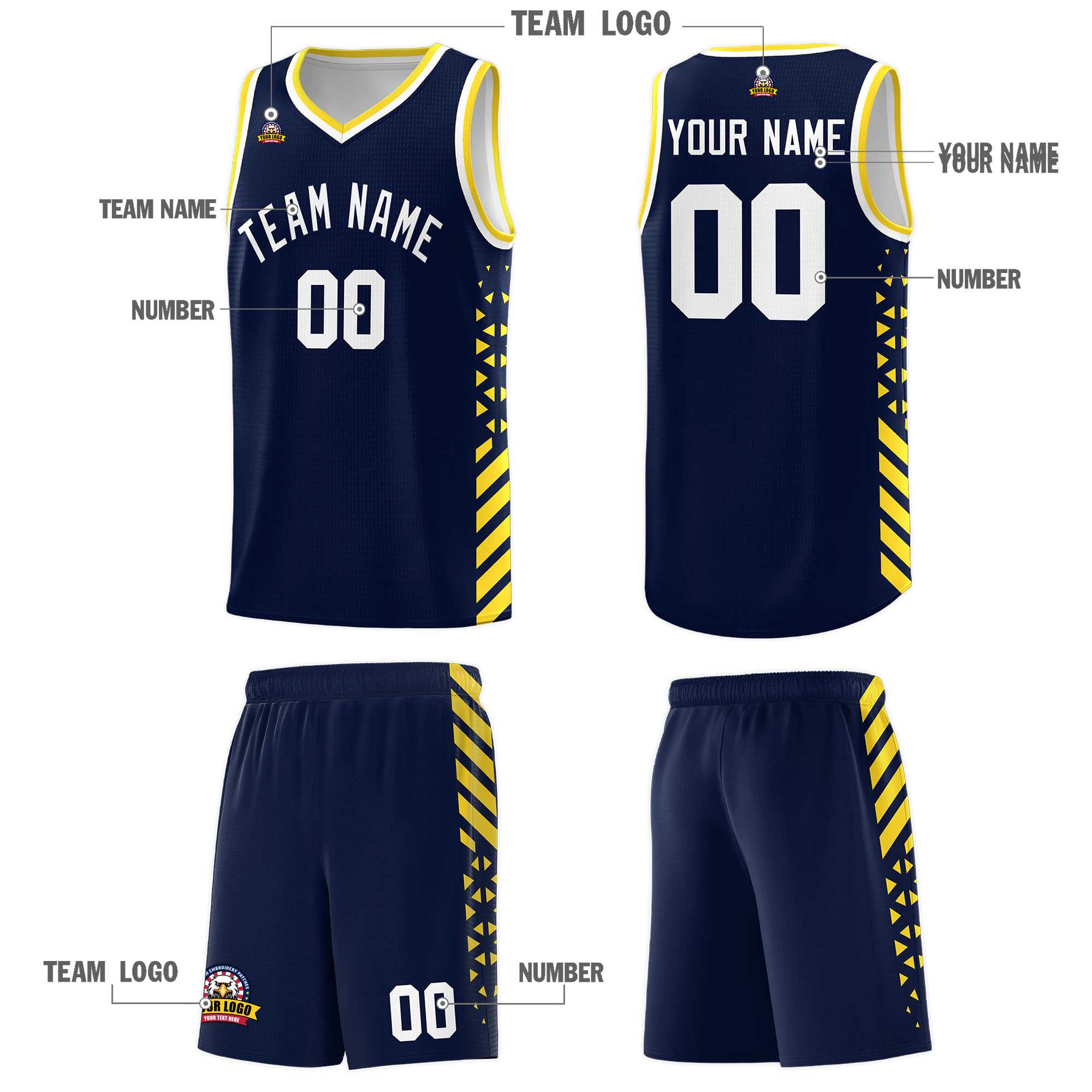Custom Navy Basketball Kits With Side Gold Diamond Stripe Pattern