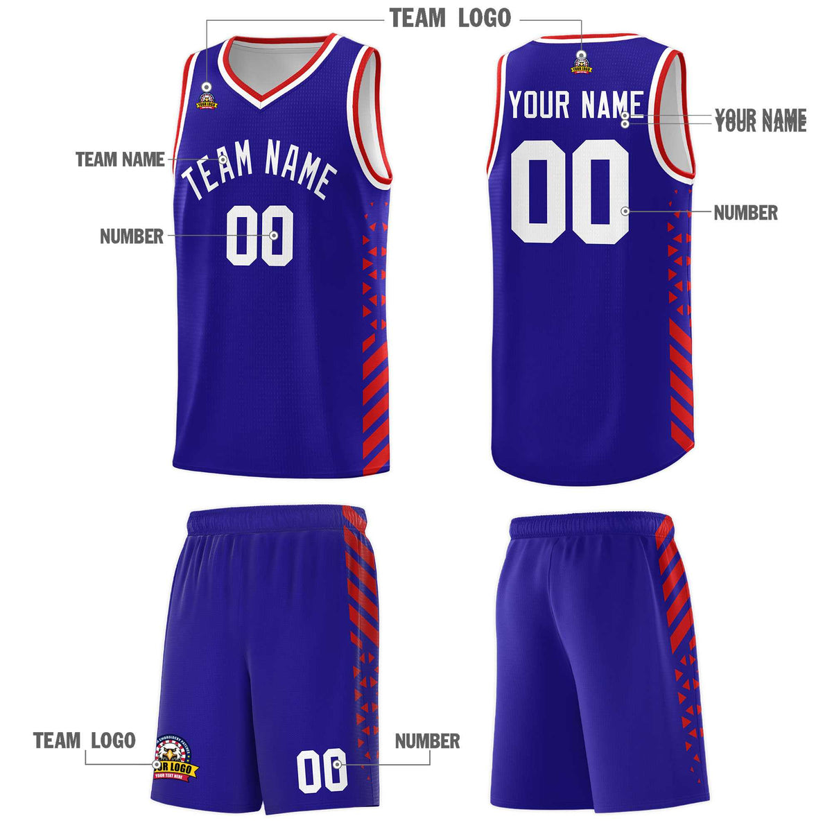 Custom Royal Basketball Kits With Side Red Diamond Stripe Pattern