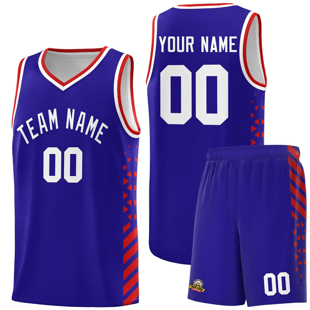 Custom Royal Basketball Kits With Side Red Diamond Stripe Pattern