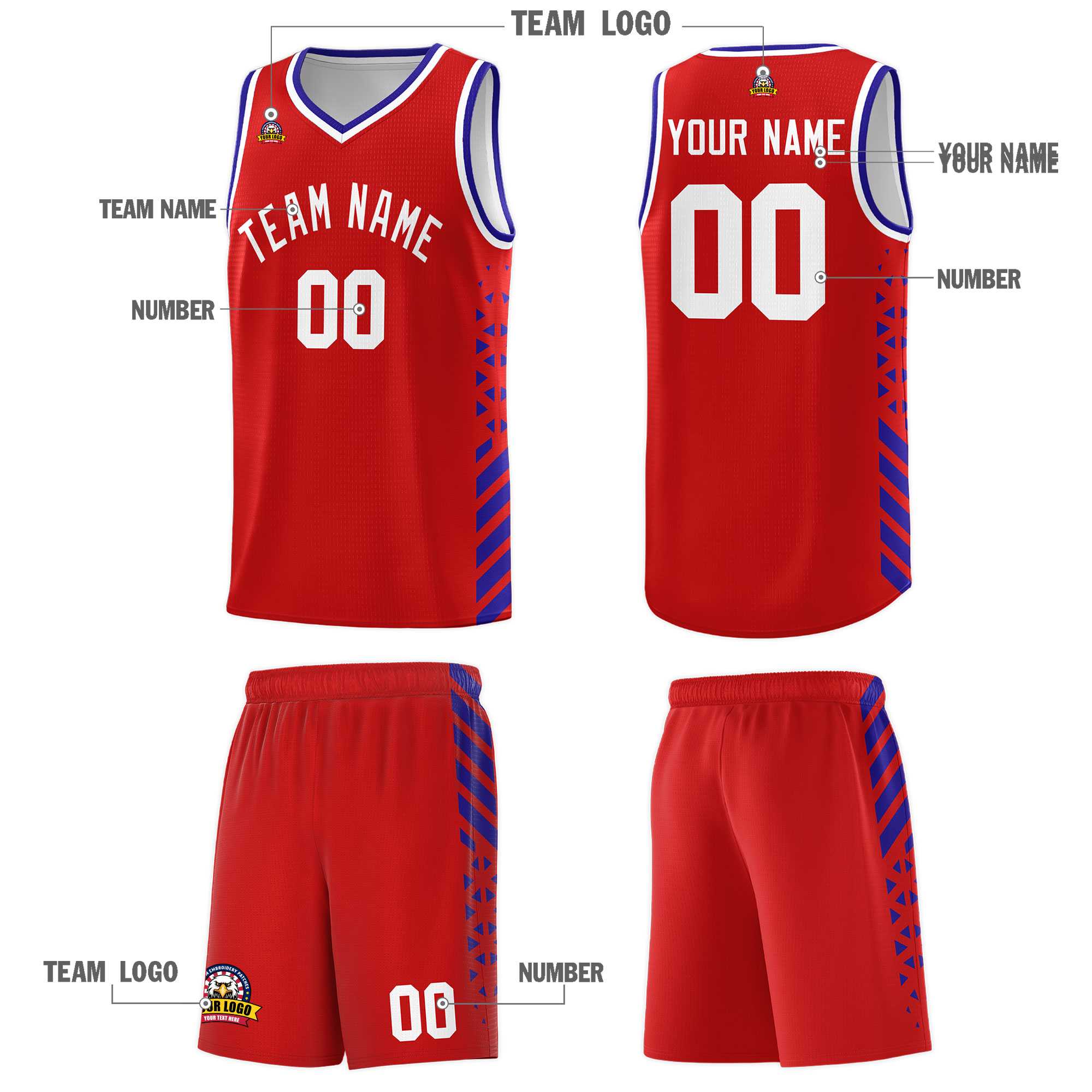 Custom Red Basketball Kits With Side Royal Diamond Stripe Pattern