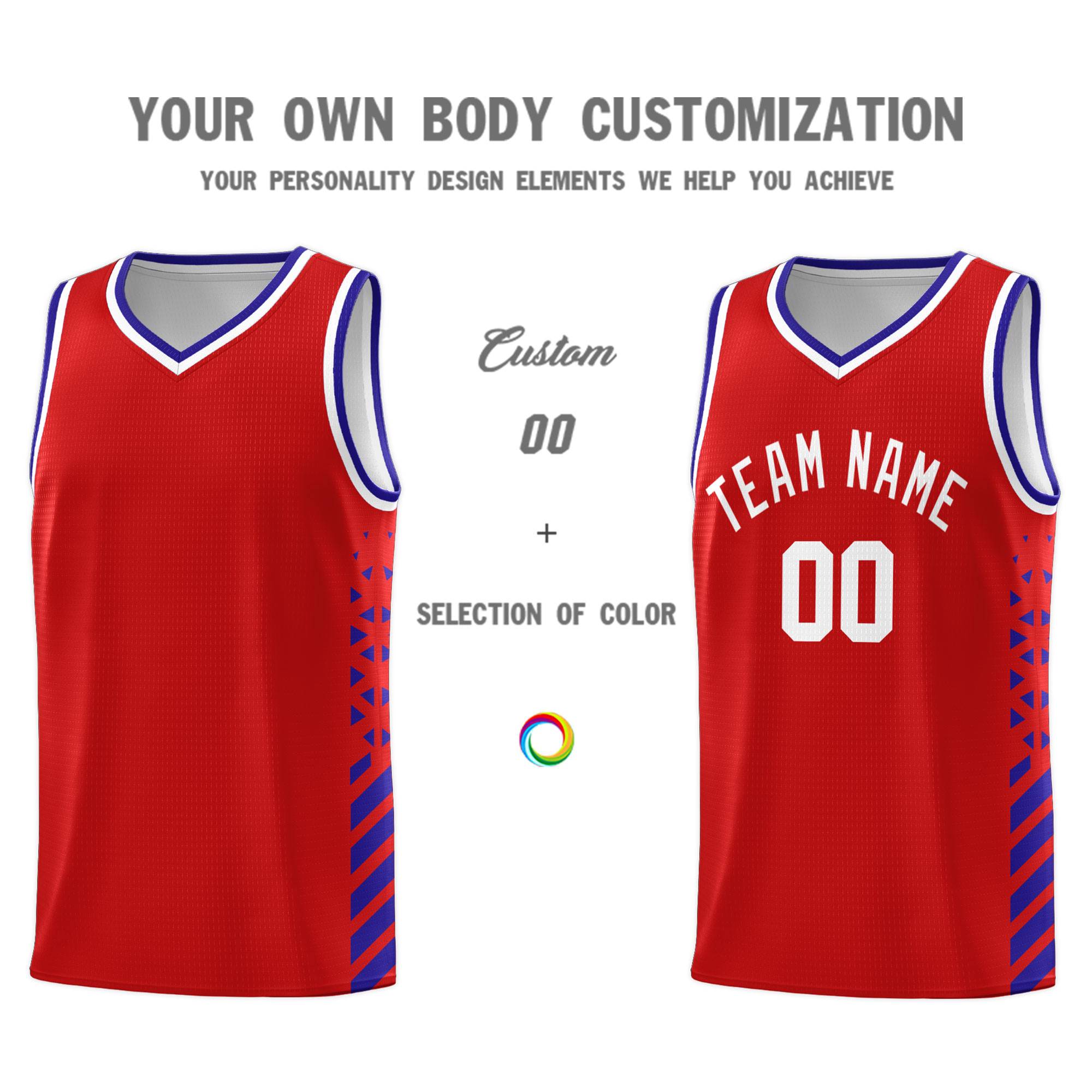 Custom Red Basketball Kits With Side Royal Diamond Stripe Pattern