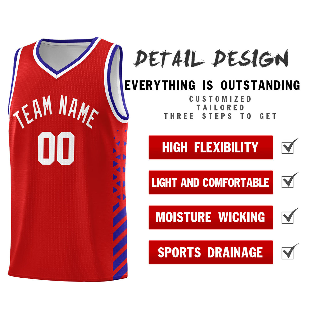 Custom Red Basketball Kits With Side Royal Diamond Stripe Pattern