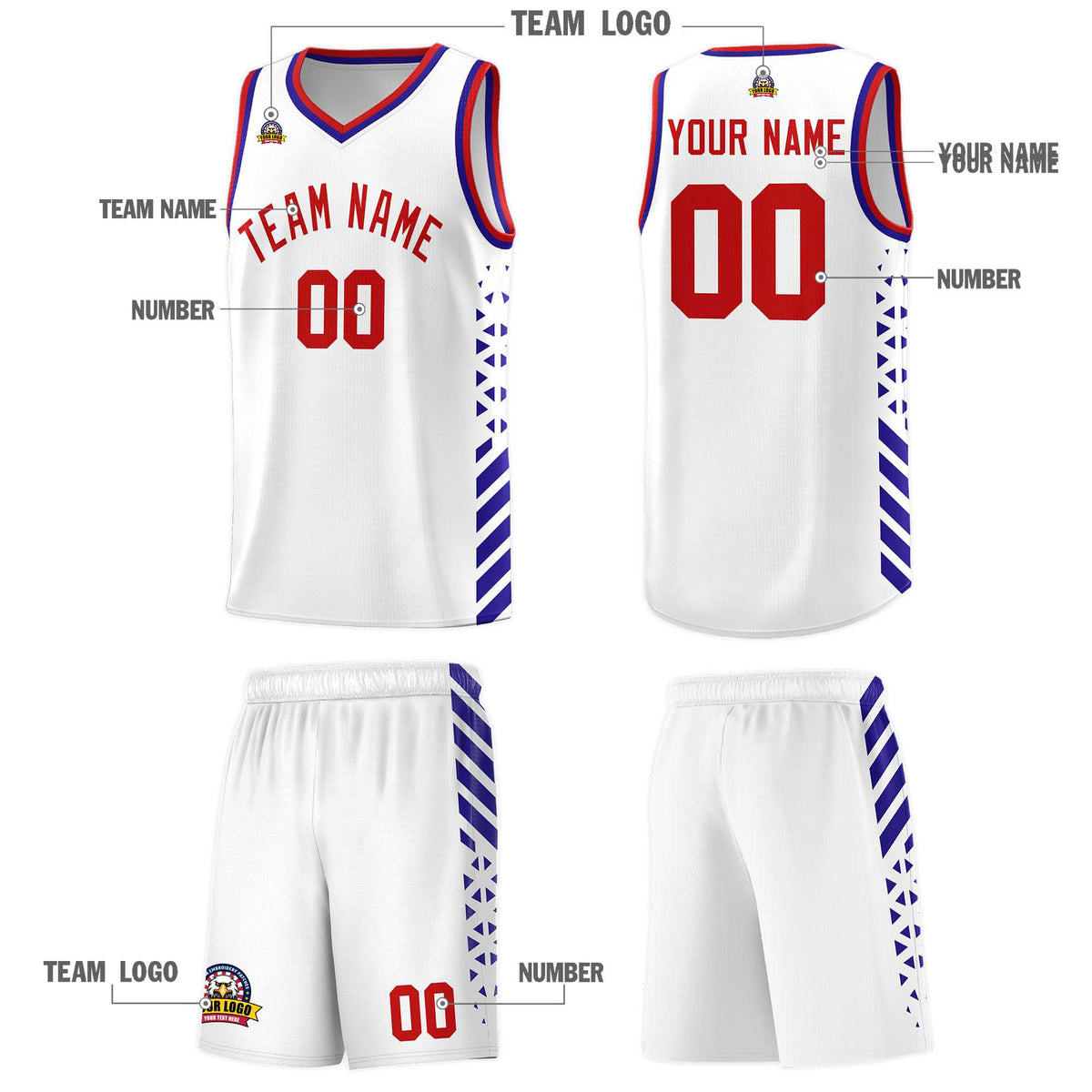 Custom White Basketball Kits With Side Royal Diamond Stripe Pattern