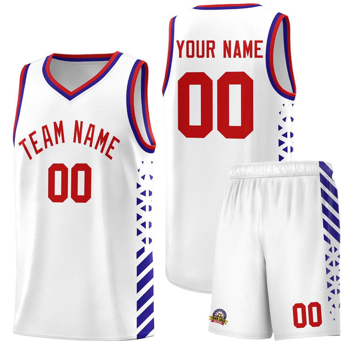Custom White Basketball Kits With Side Royal Diamond Stripe Pattern