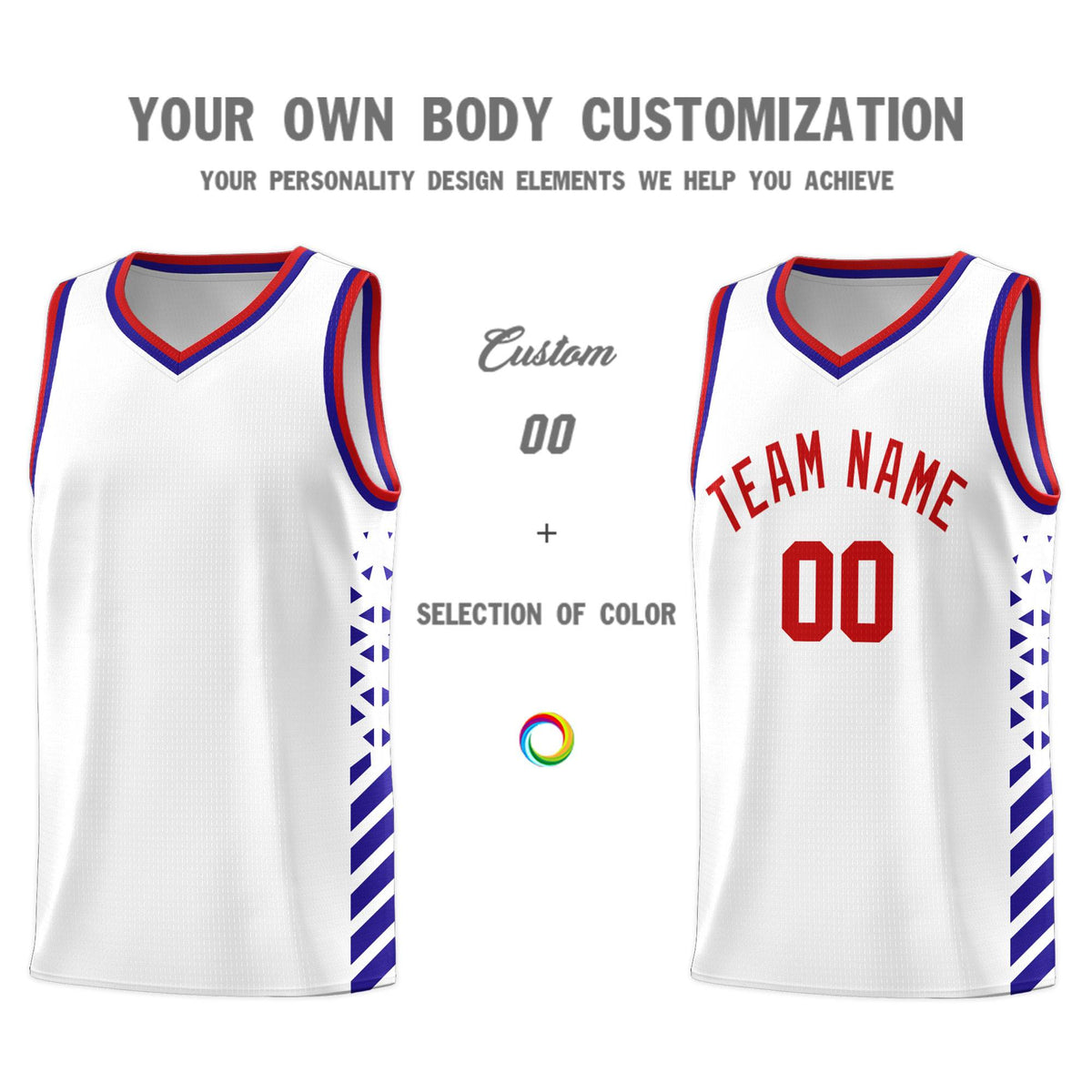 Custom White Basketball Kits With Side Royal Diamond Stripe Pattern