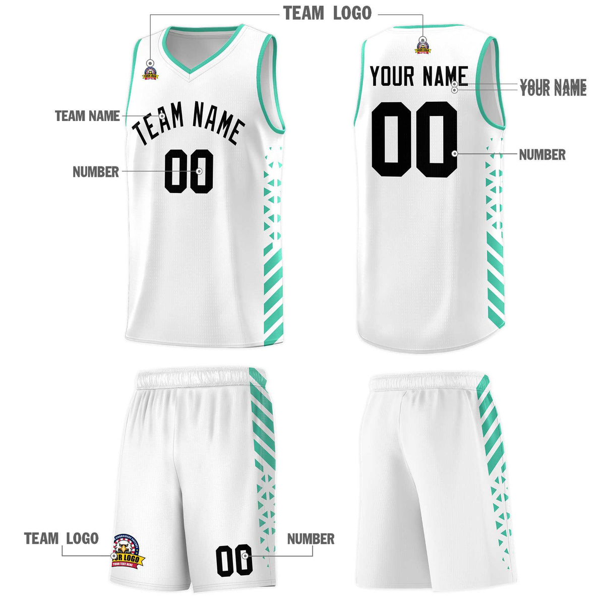 Custom White Basketball Kits With Side Bright Green Diamond Stripe Pattern