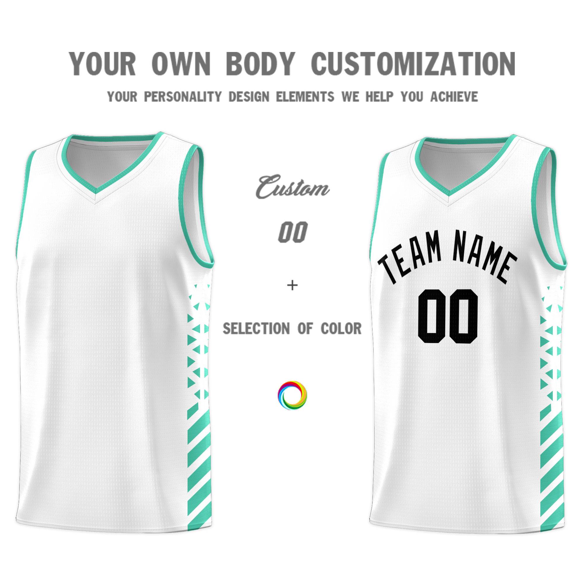Custom White Basketball Kits With Side Bright Green Diamond Stripe Pattern