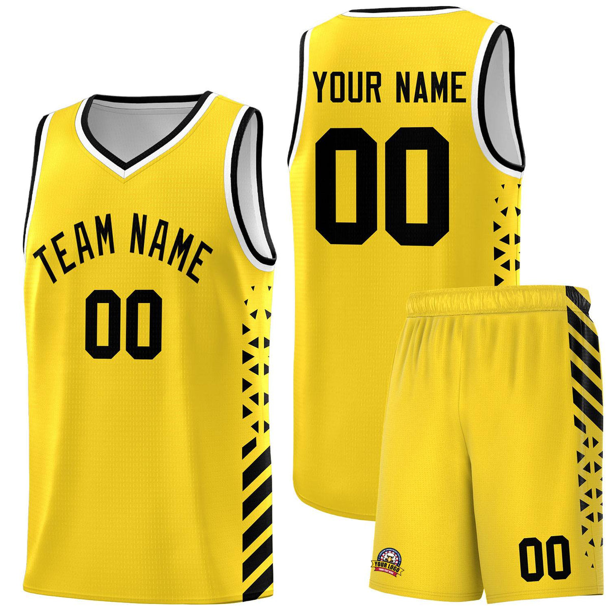 Custom Gold Basketball Kits With Side Black Diamond Stripe Pattern