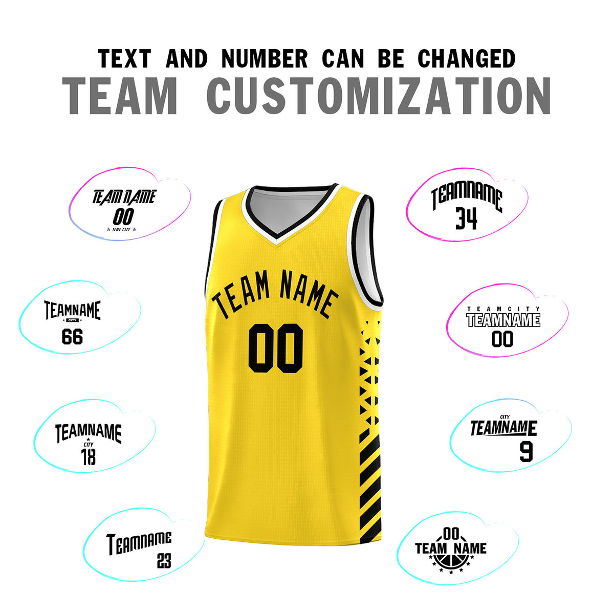 Custom Gold Basketball Kits With Side Black Diamond Stripe Pattern