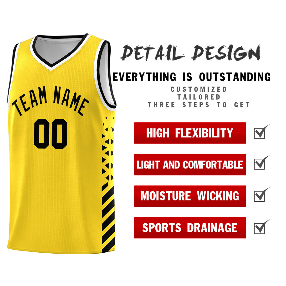 Custom Gold Basketball Kits With Side Black Diamond Stripe Pattern