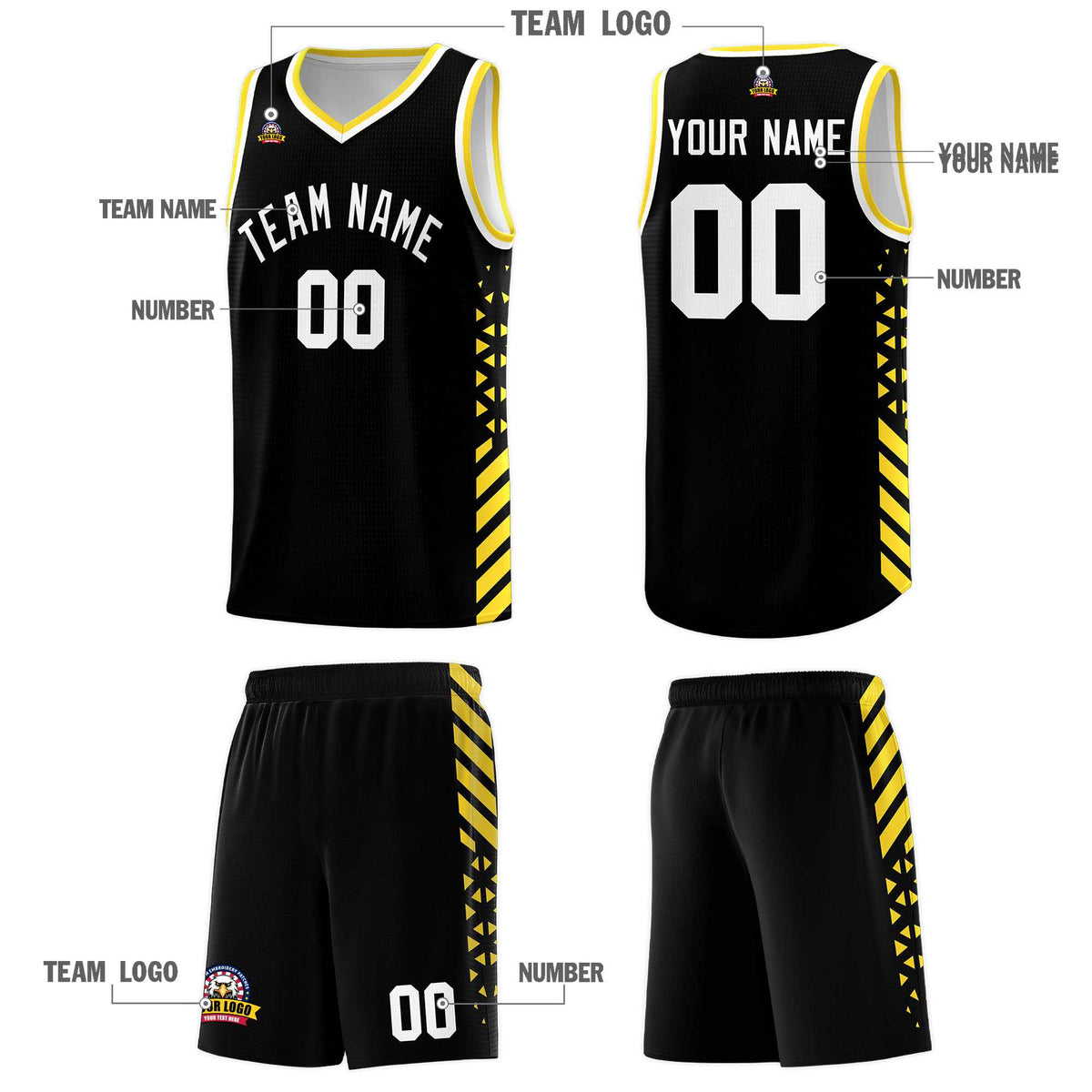 Custom Black Basketball Kits With Side Gold Diamond Stripe Pattern