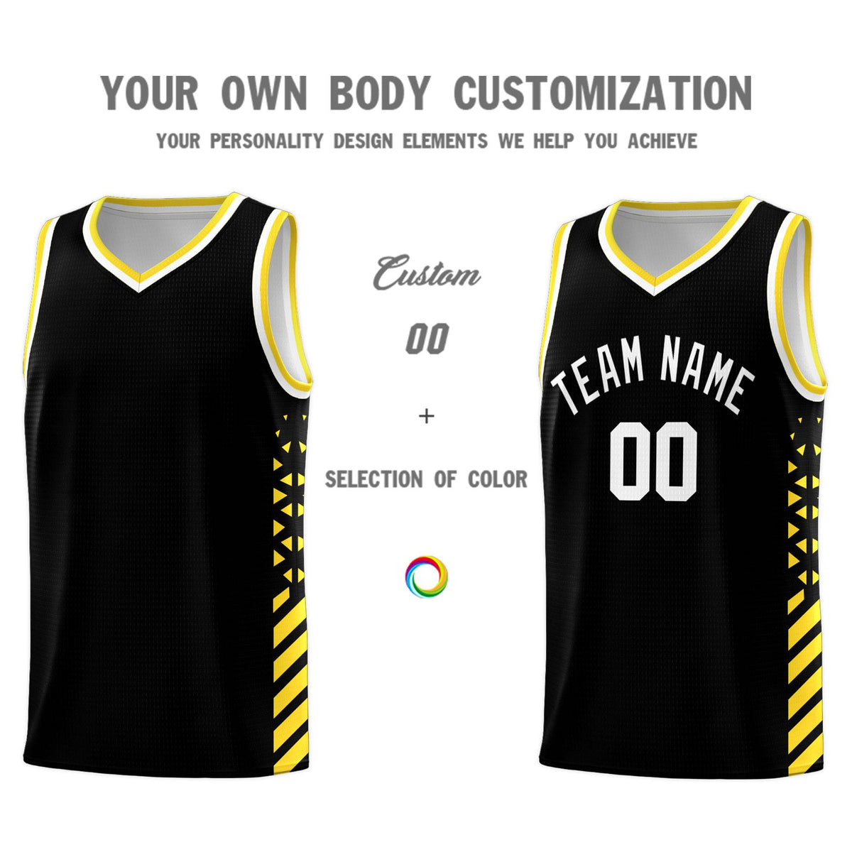 Custom Black Basketball Kits With Side Gold Diamond Stripe Pattern