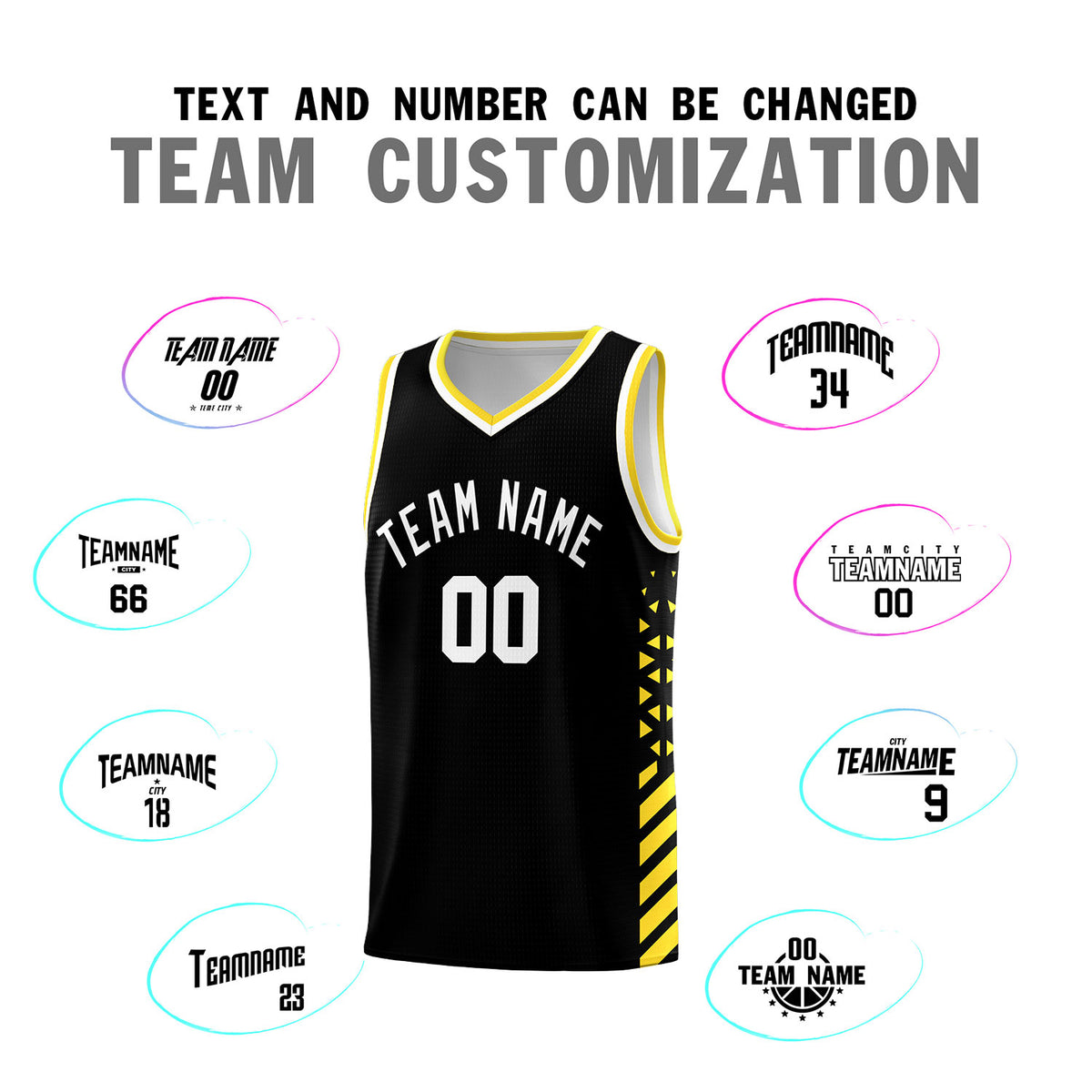 Custom Black Basketball Kits With Side Gold Diamond Stripe Pattern