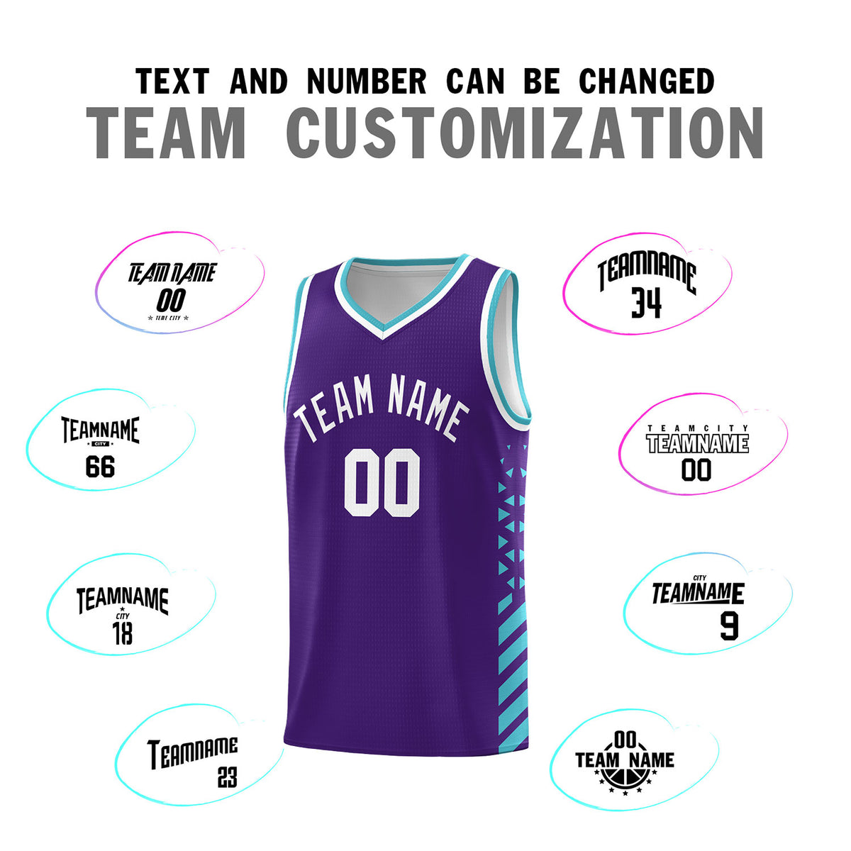 Custom Purple Basketball Kits With Side Sky Blue Diamond Stripe Pattern
