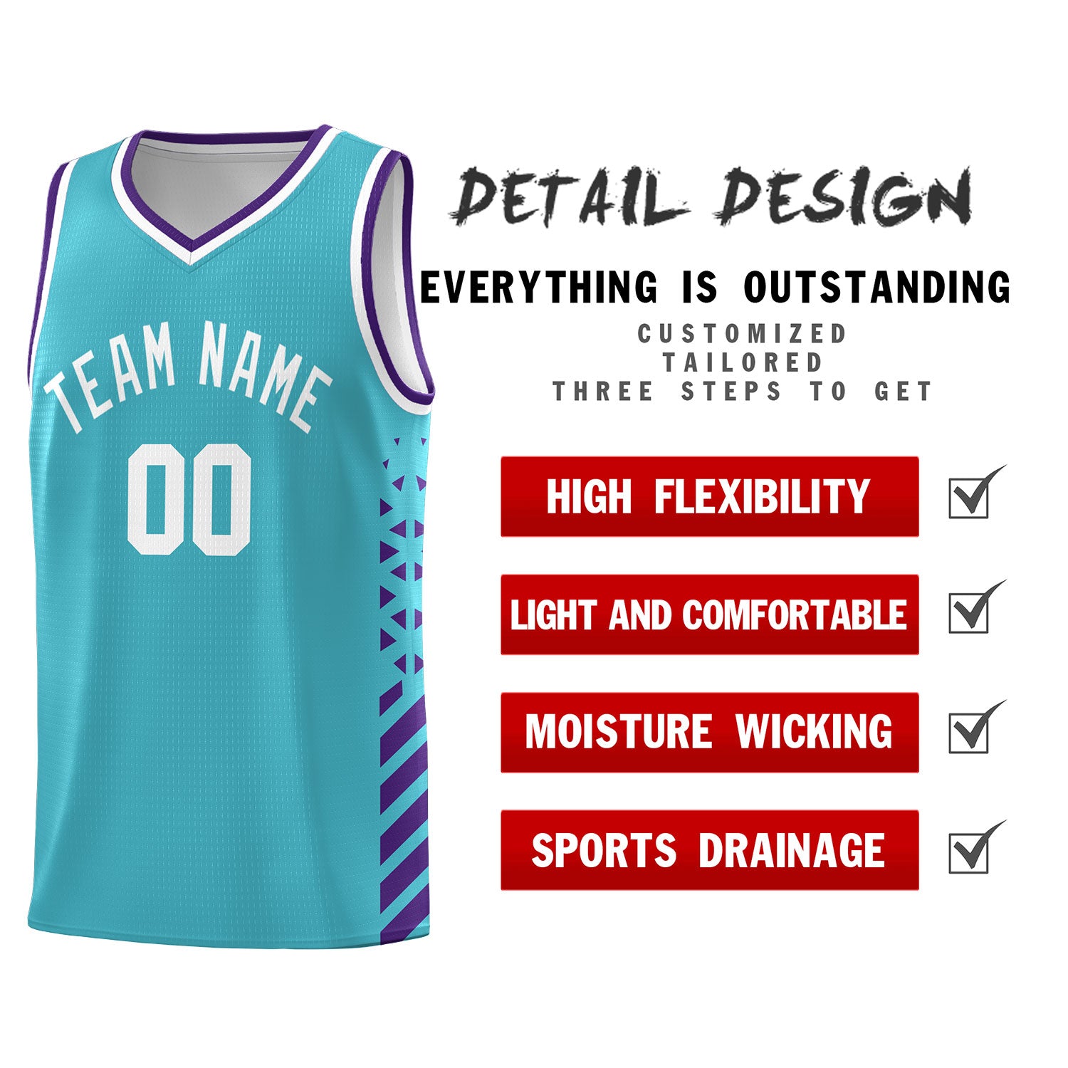 Custom Sky Blue Basketball Kits With Side Purple Diamond Stripe Pattern