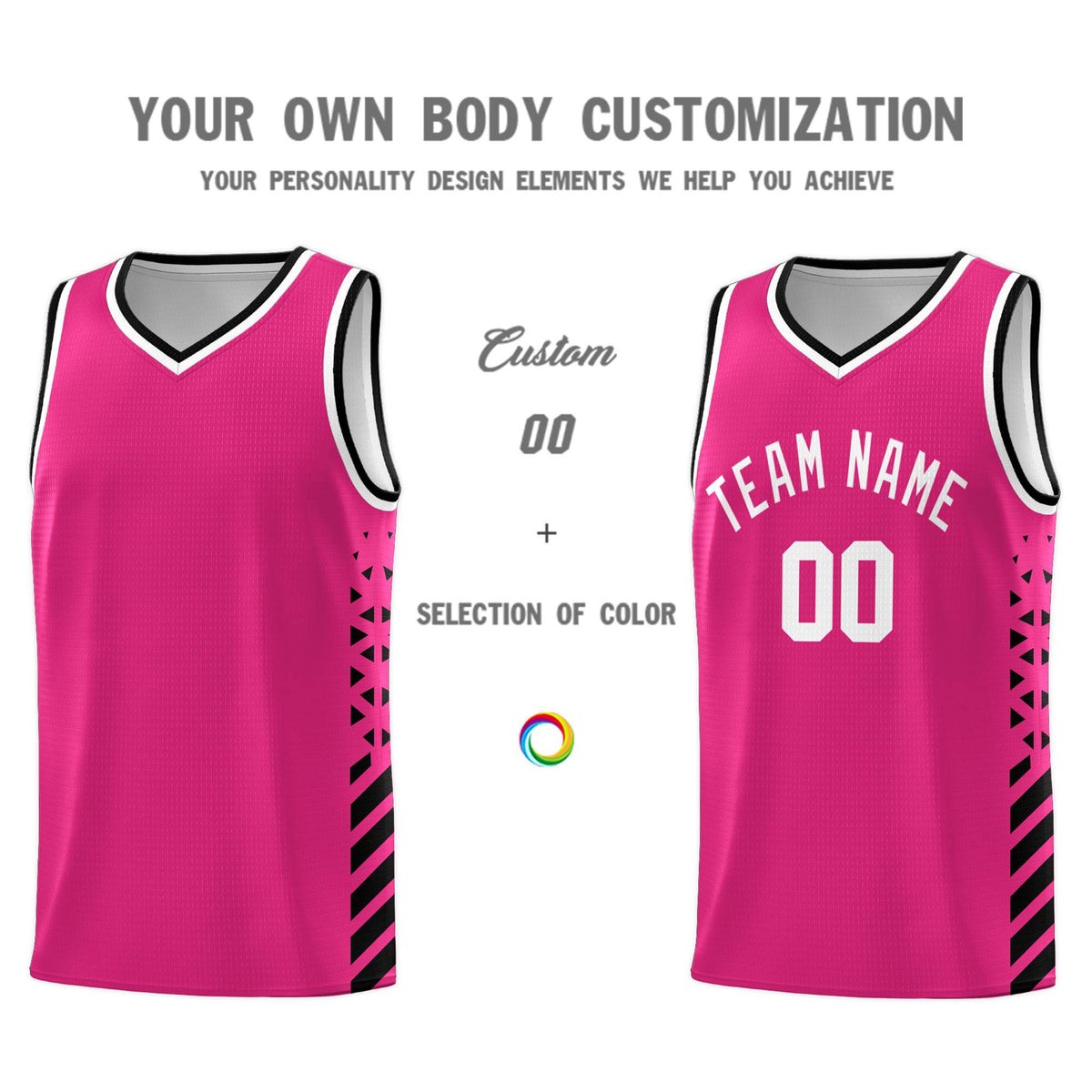 Custom Rose Red Basketball Kits With Side Black Diamond Stripe Pattern