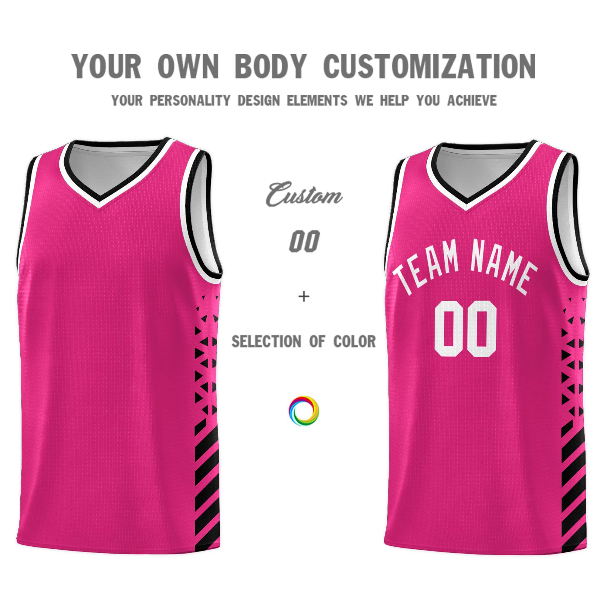 Custom Rose Red Basketball Kits With Side Black Diamond Stripe Pattern