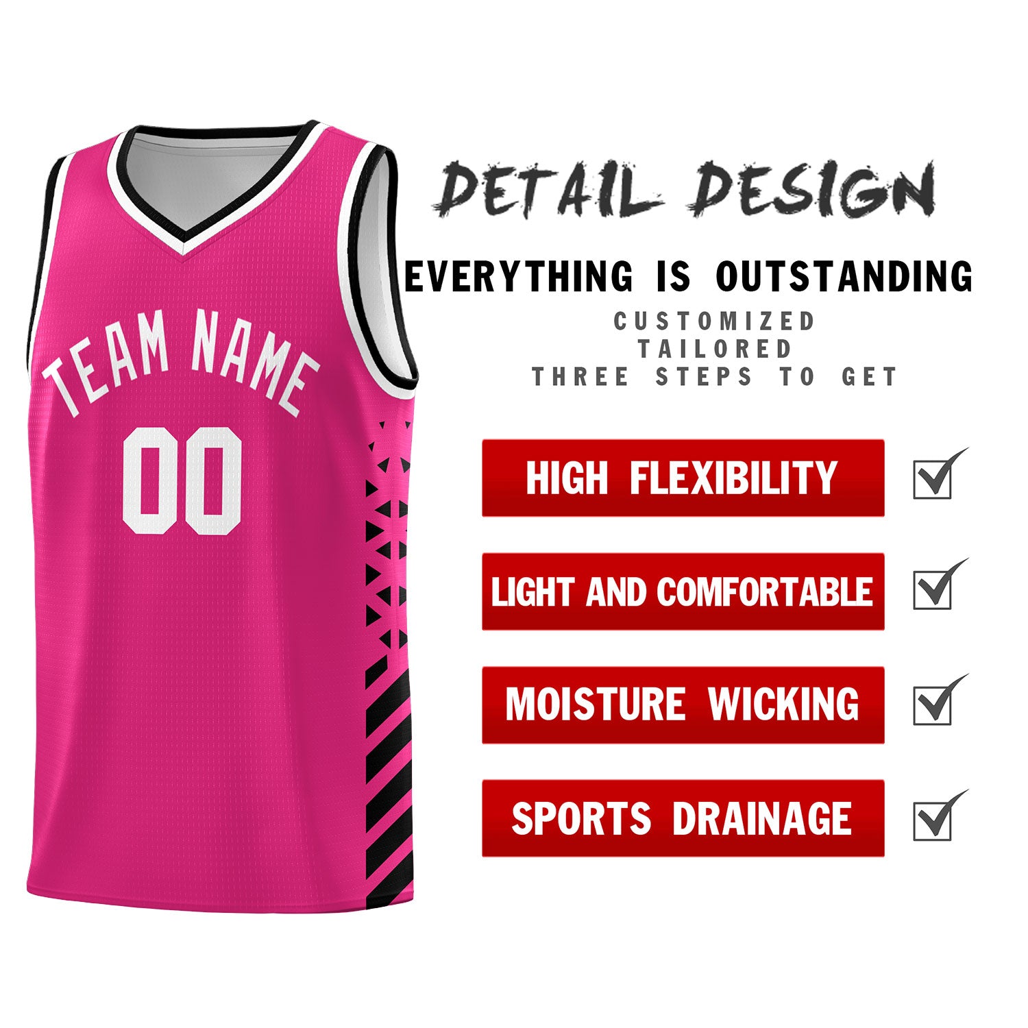 Custom Rose Red Basketball Kits With Side Black Diamond Stripe Pattern