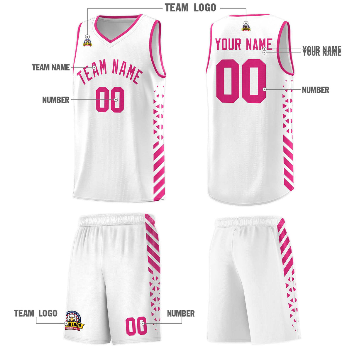 Custom White Basketball Kits With Side Rose Red Diamond Stripe Pattern