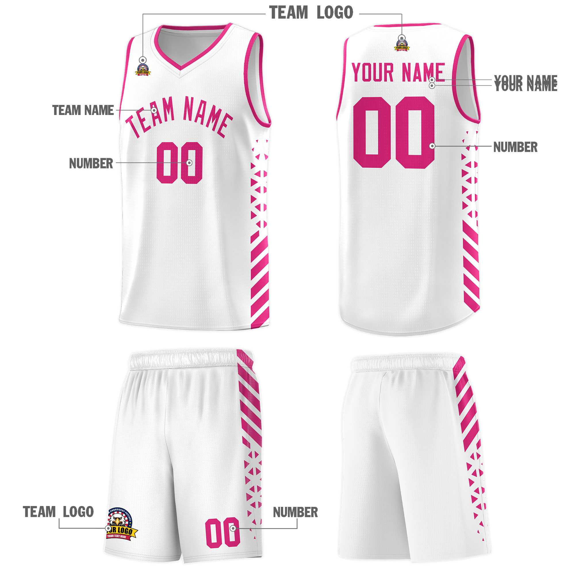 Custom White Basketball Kits With Side Rose Red Diamond Stripe Pattern