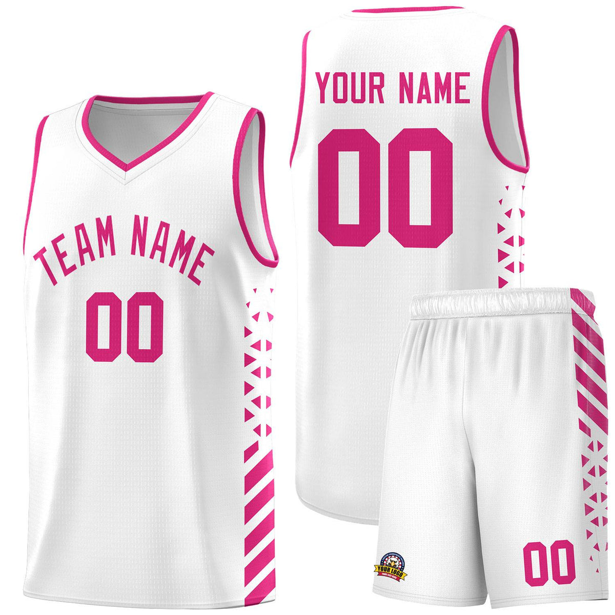 Custom White Basketball Kits With Side Rose Red Diamond Stripe Pattern