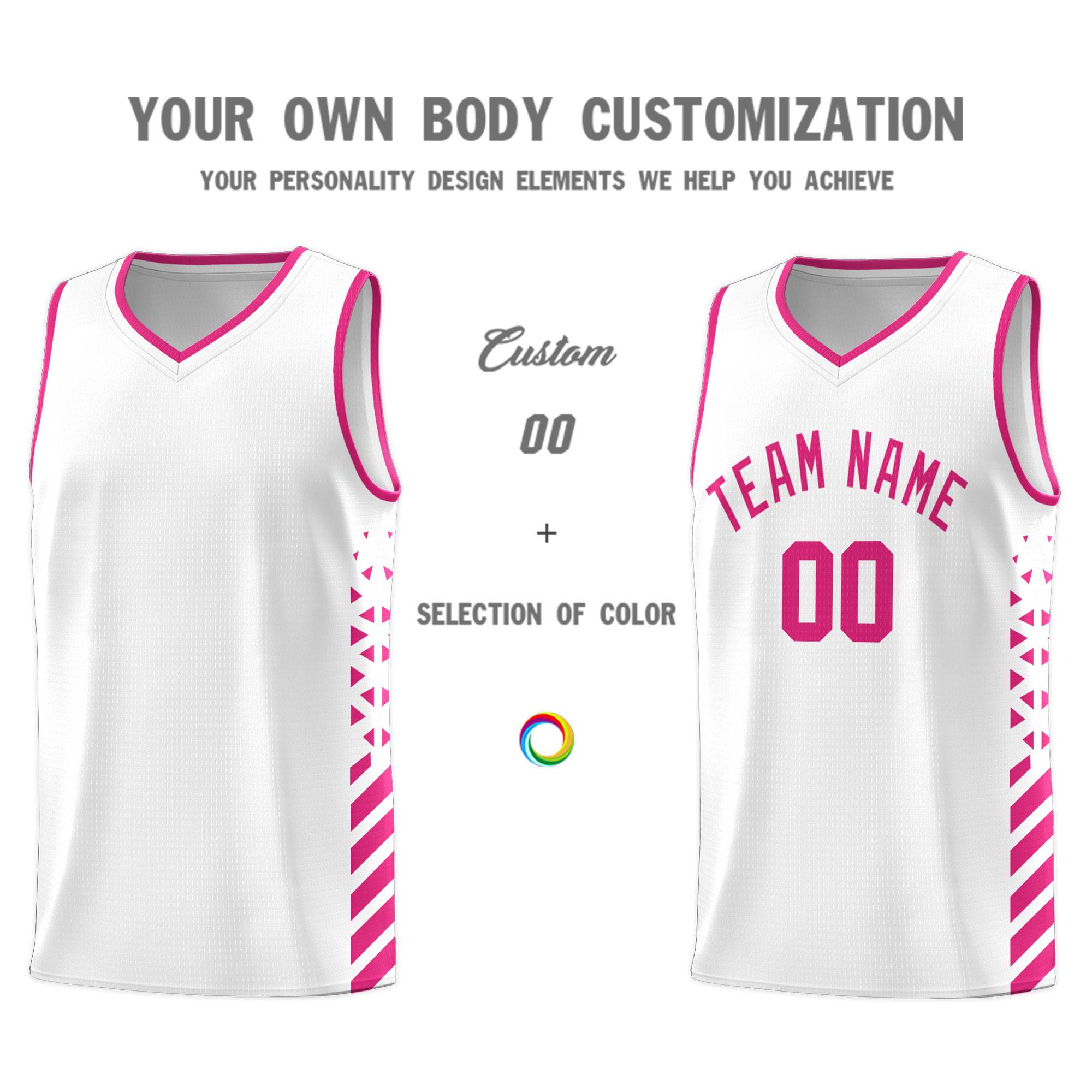 Custom White Basketball Kits With Side Rose Red Diamond Stripe Pattern