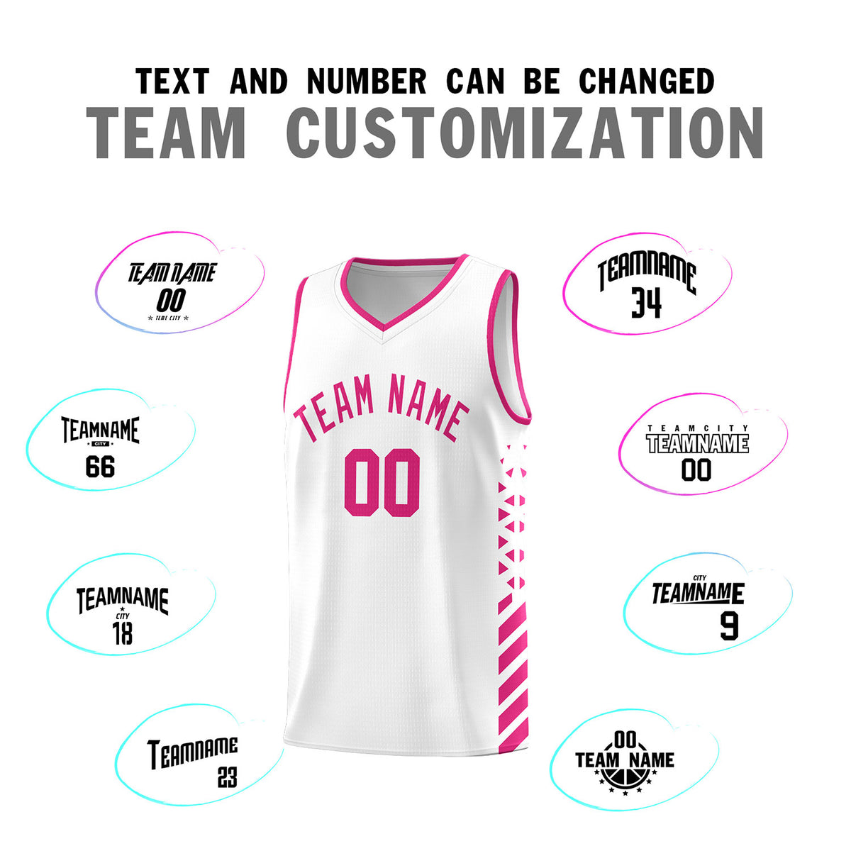 Custom White Basketball Kits With Side Rose Red Diamond Stripe Pattern