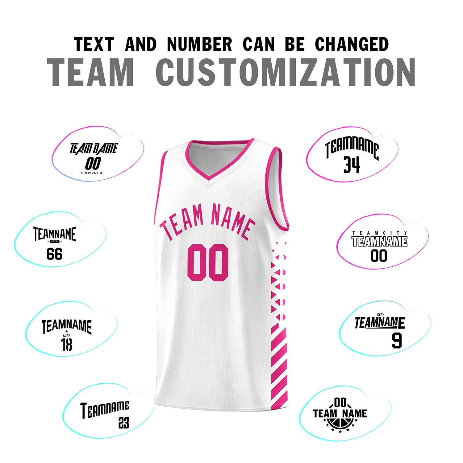 Custom White Basketball Kits With Side Rose Red Diamond Stripe Pattern