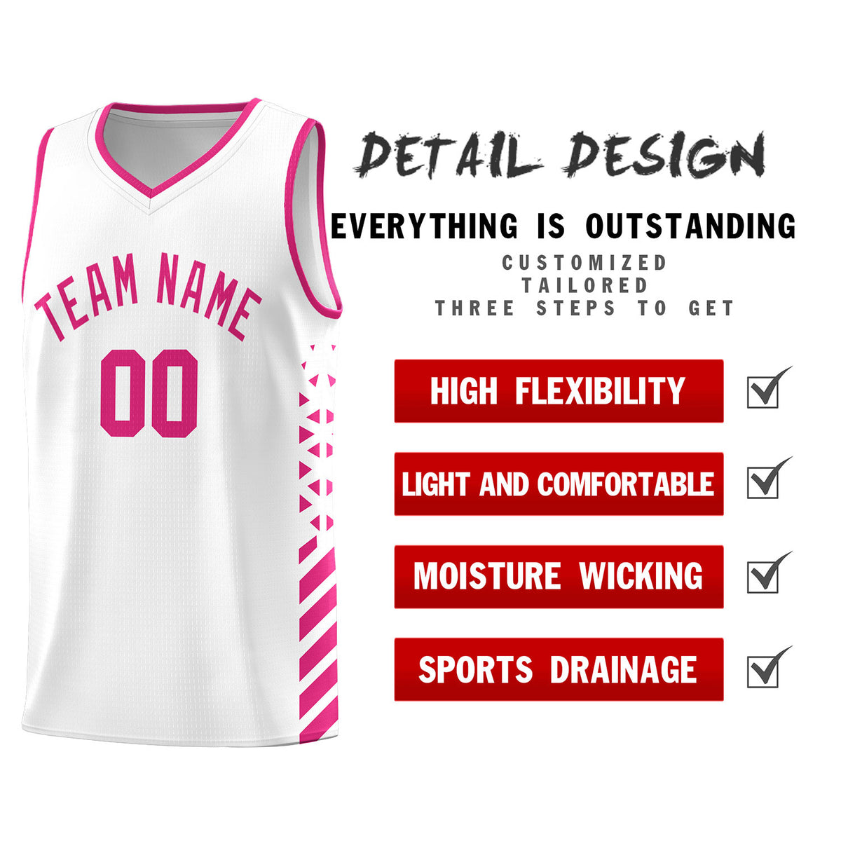 Custom White Basketball Kits With Side Rose Red Diamond Stripe Pattern