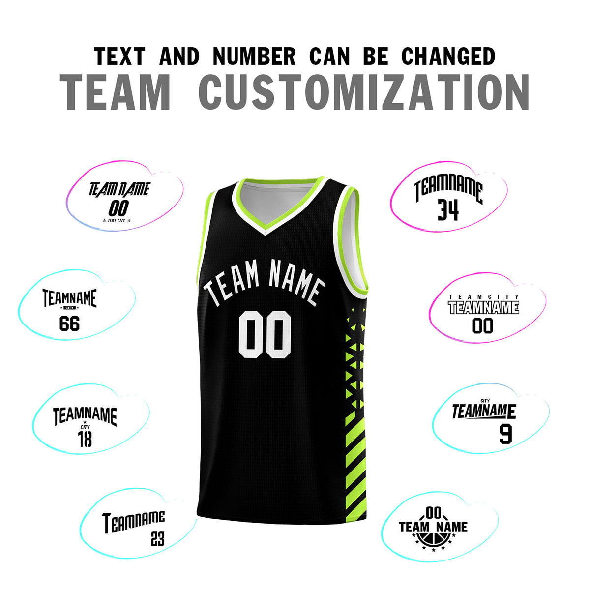 Custom Black Basketball Kits With Side Neon Green Diamond Stripe Pattern