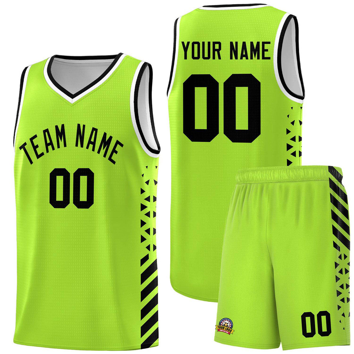 Custom Neon Green Basketball Kits With Side Black Diamond Stripe Pattern