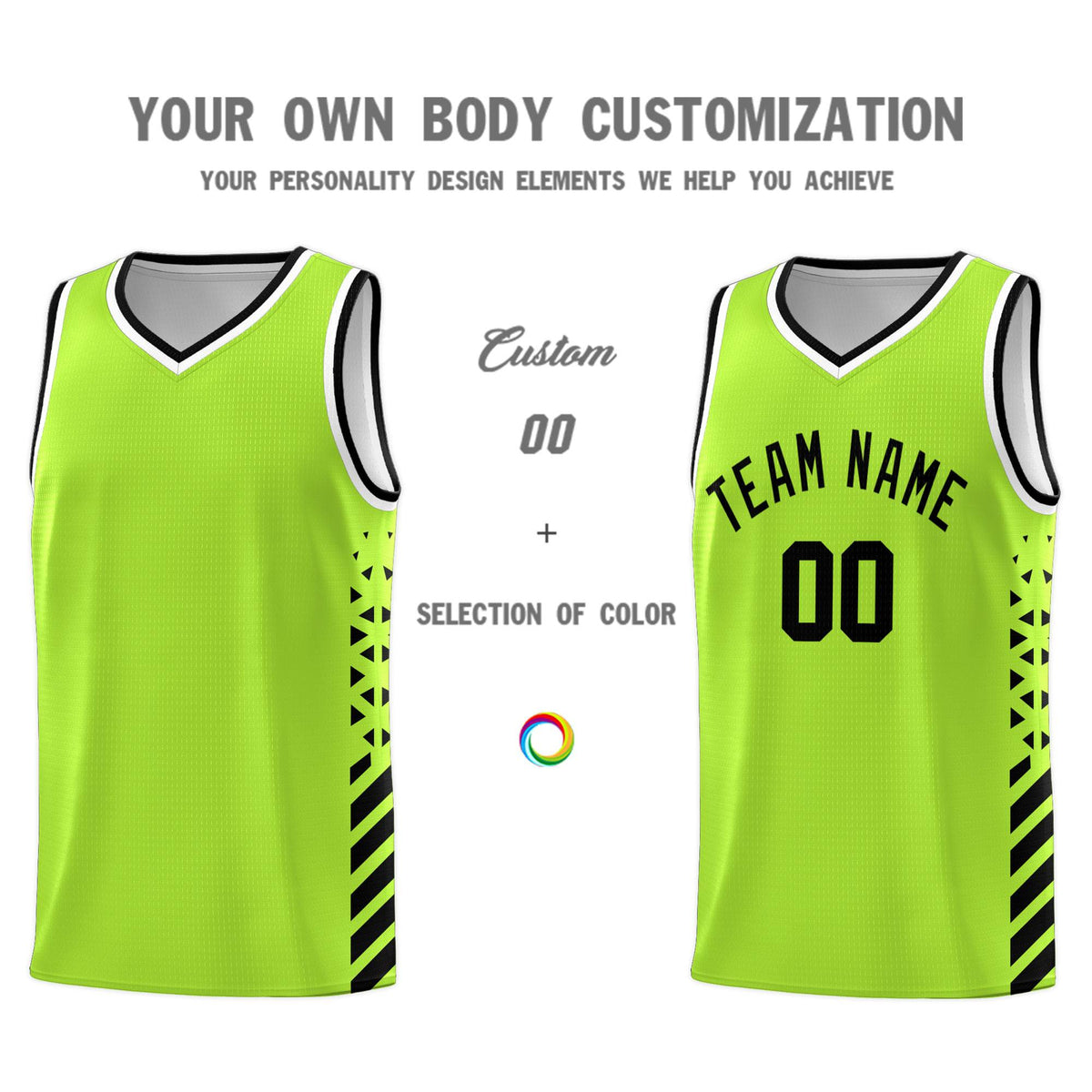 Custom Neon Green Basketball Kits With Side Black Diamond Stripe Pattern