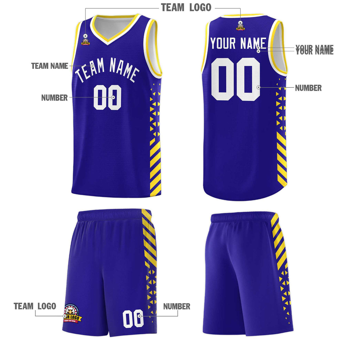 Custom Royal Basketball Kits With Side Gold Diamond Stripe Pattern