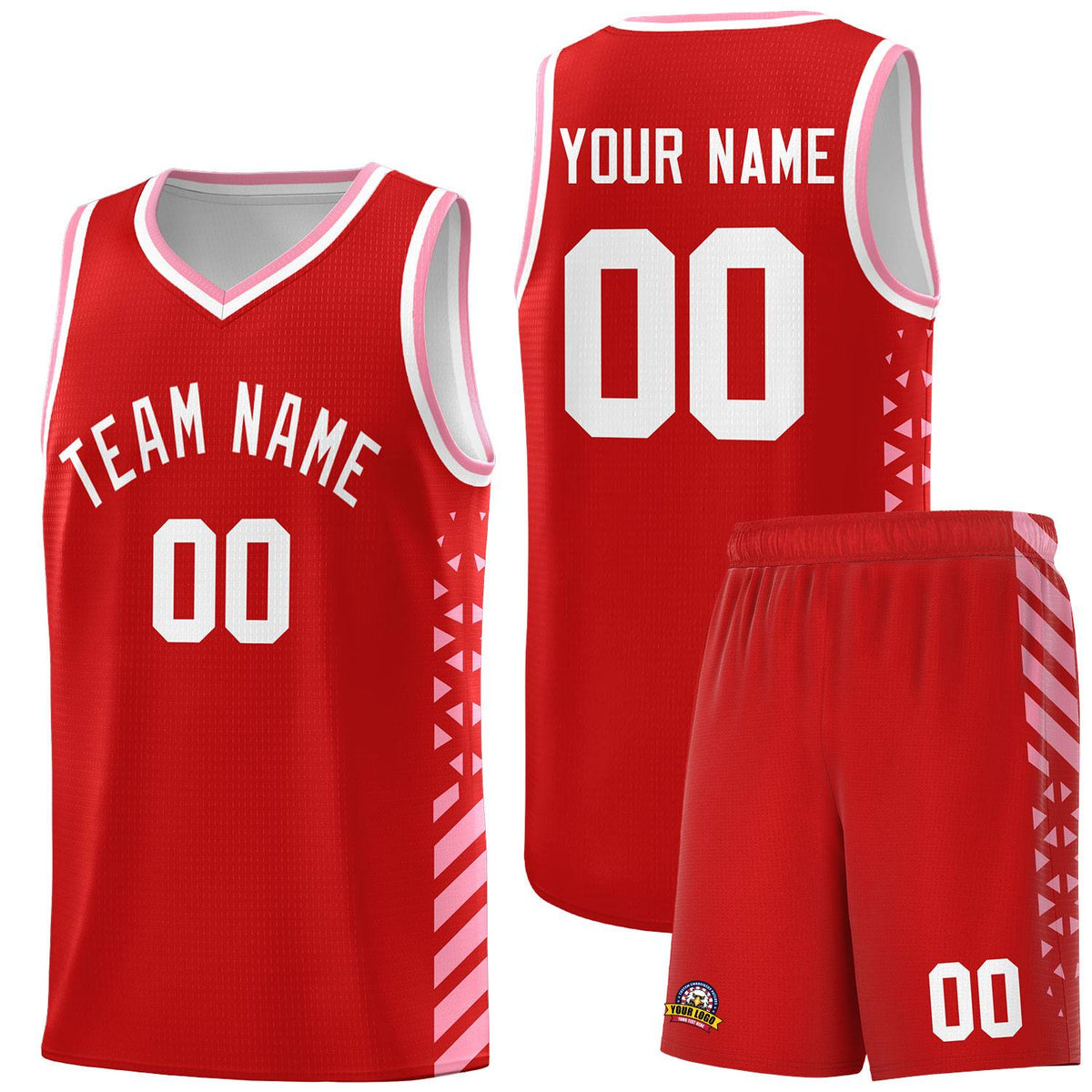 Custom Red Basketball Kits With Side Light Pink Diamond Stripe Pattern