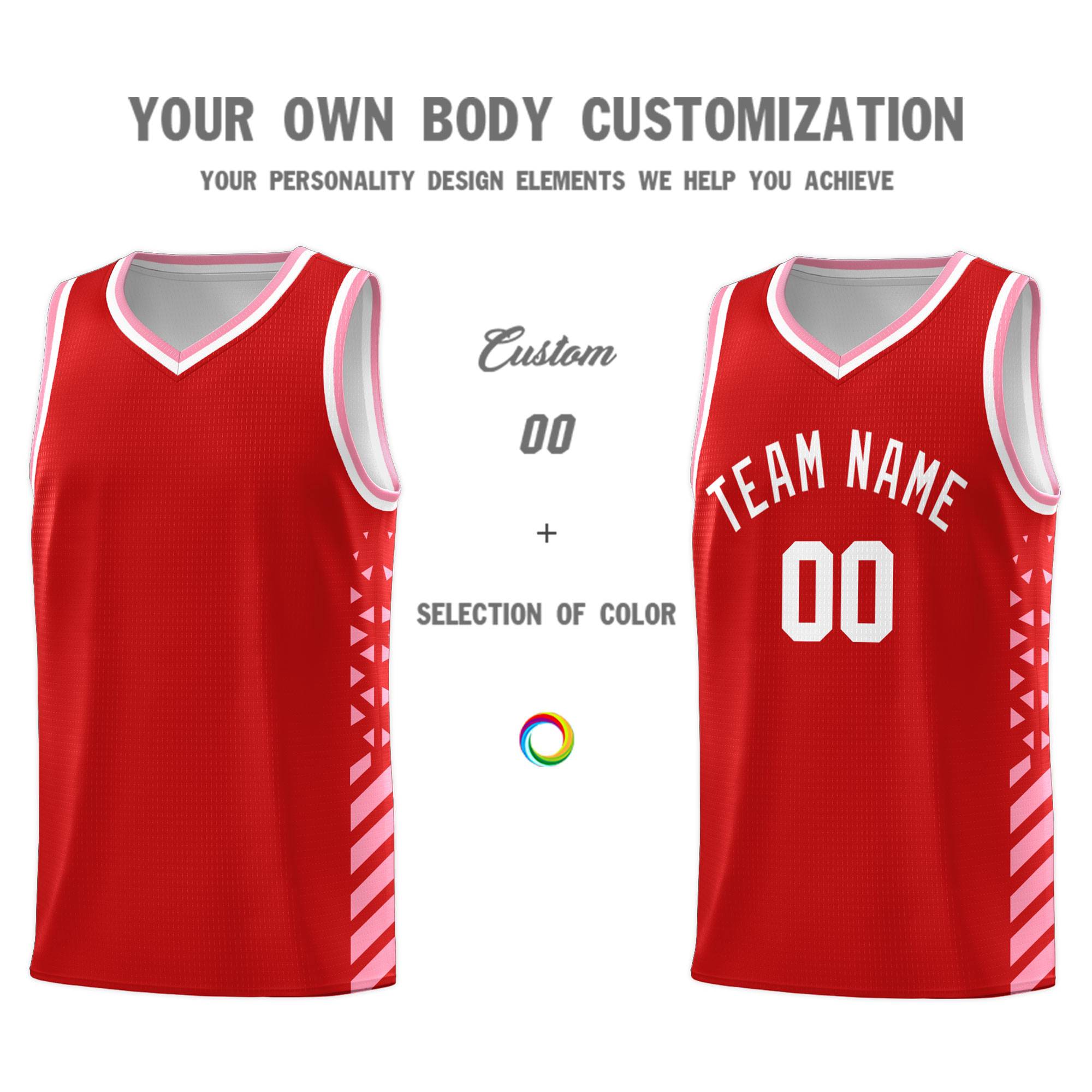 Custom Red Basketball Kits With Side Light Pink Diamond Stripe Pattern