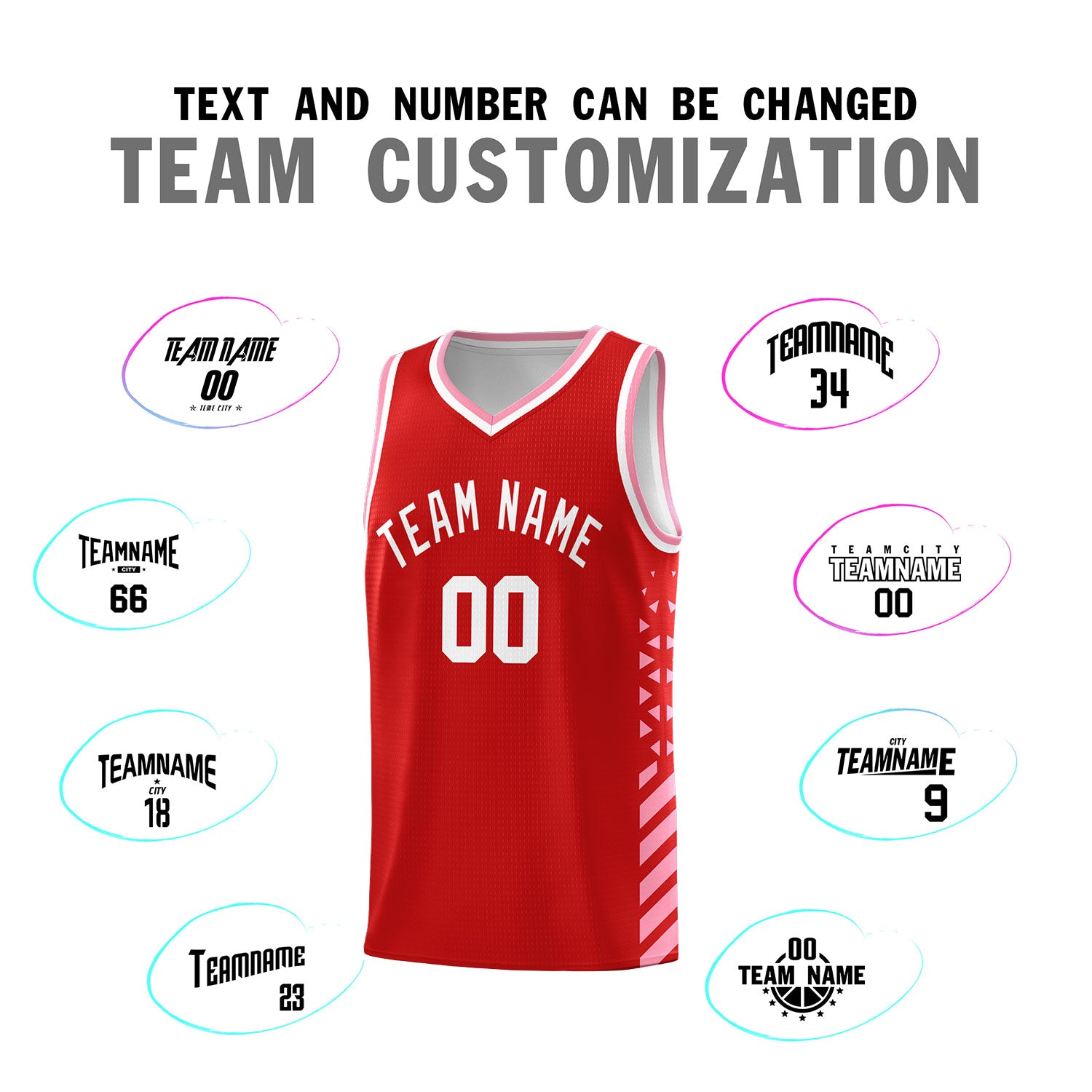 Custom Red Basketball Kits With Side Light Pink Diamond Stripe Pattern