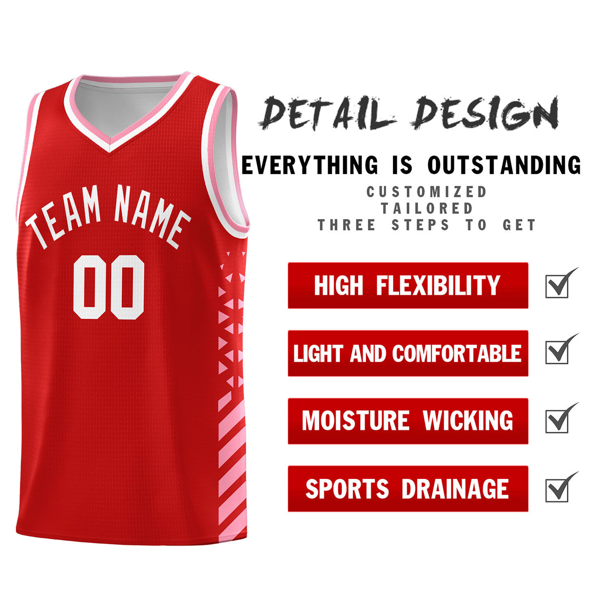 Custom Red Basketball Kits With Side Light Pink Diamond Stripe Pattern