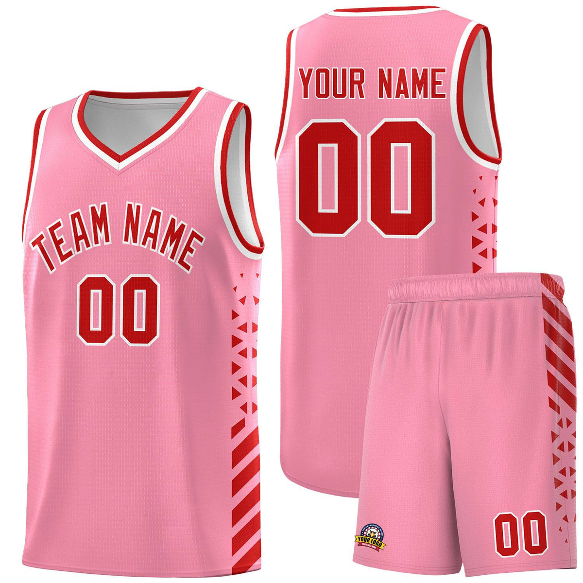 Custom Light Pink Basketball Kits With Side Red Diamond Stripe Pattern
