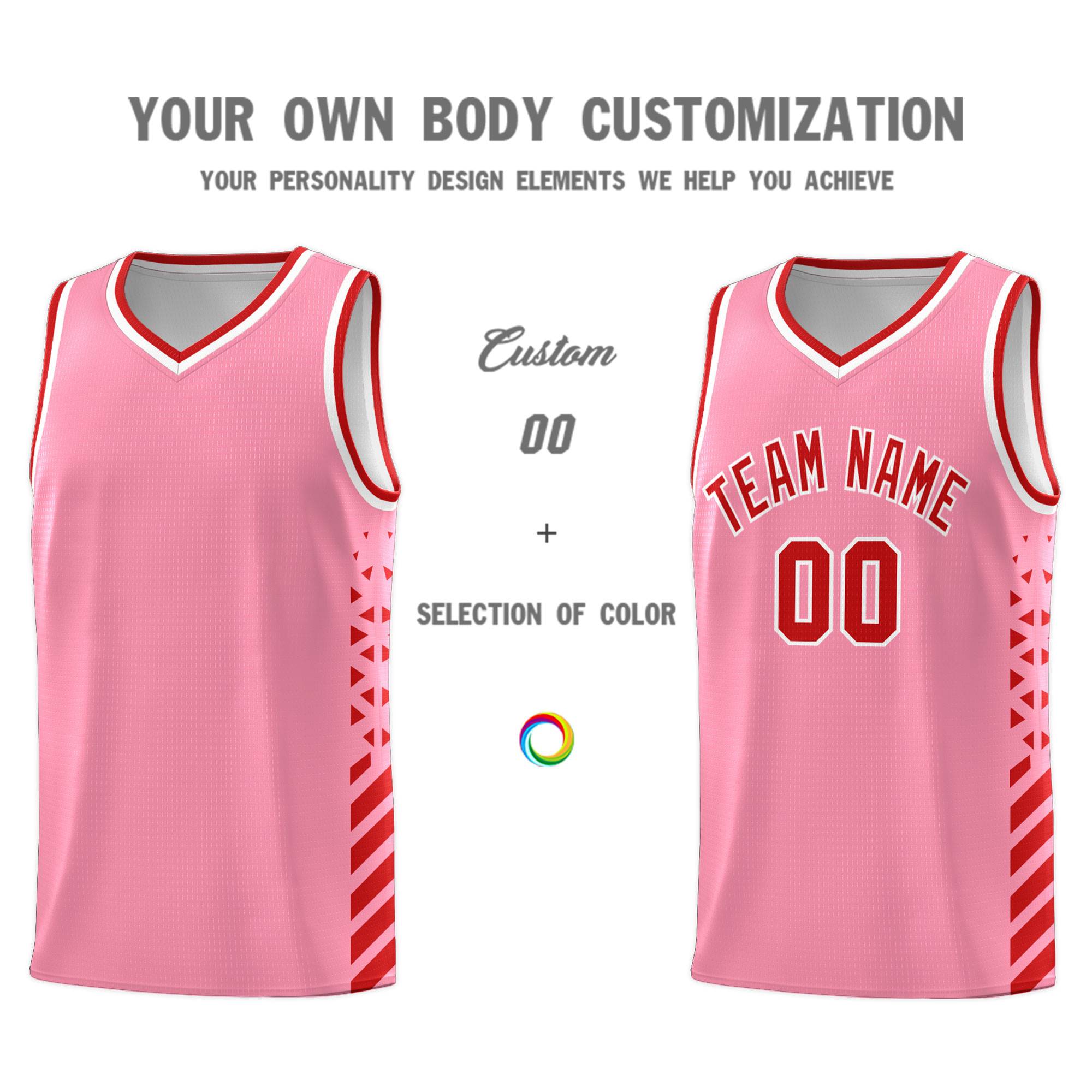 Custom Light Pink Basketball Kits With Side Red Diamond Stripe Pattern