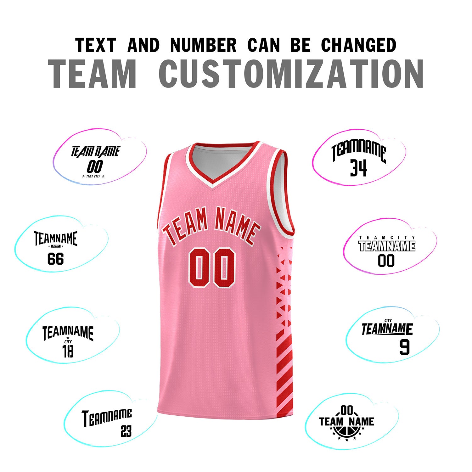 Custom Light Pink Basketball Kits With Side Red Diamond Stripe Pattern