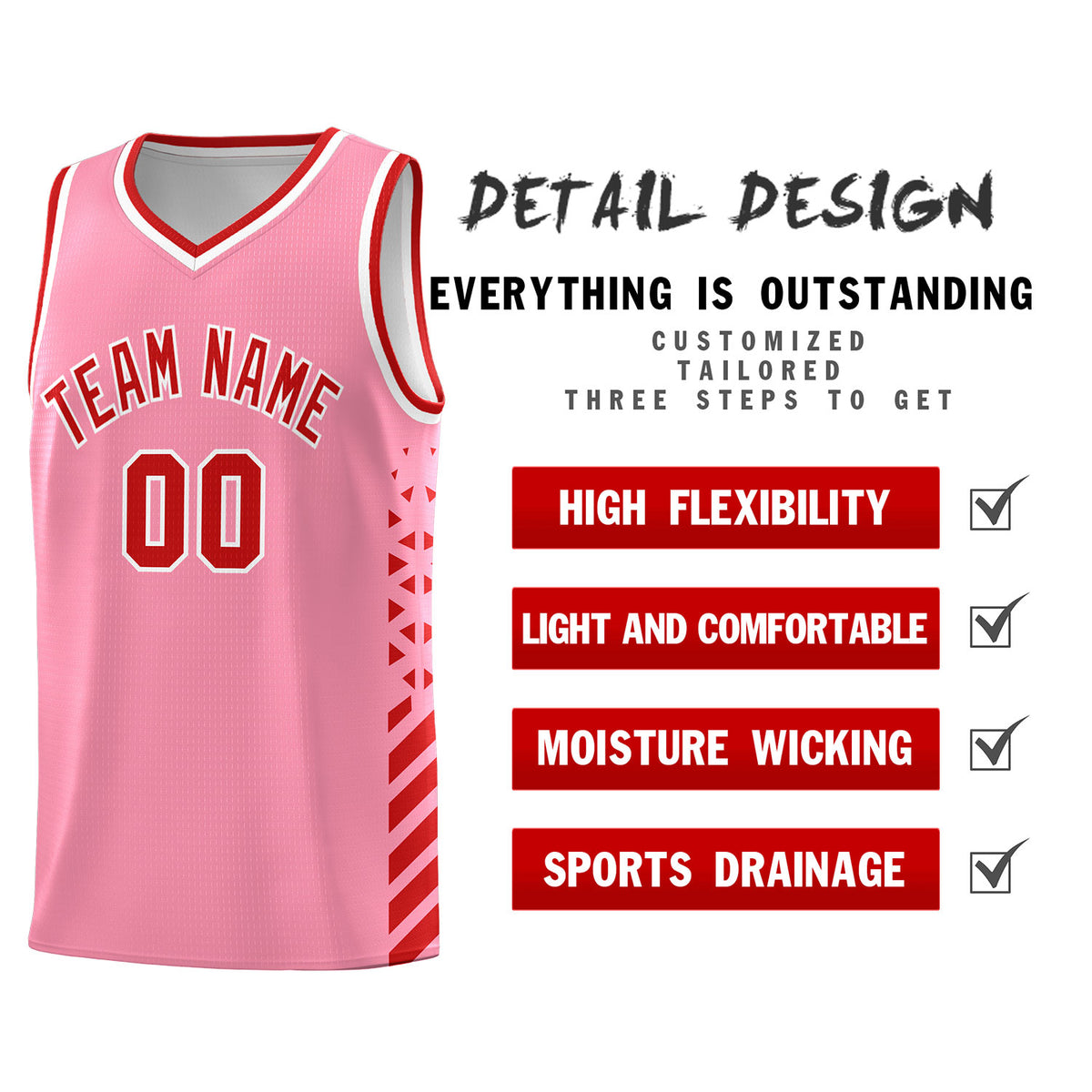 Custom Light Pink Basketball Kits With Side Red Diamond Stripe Pattern