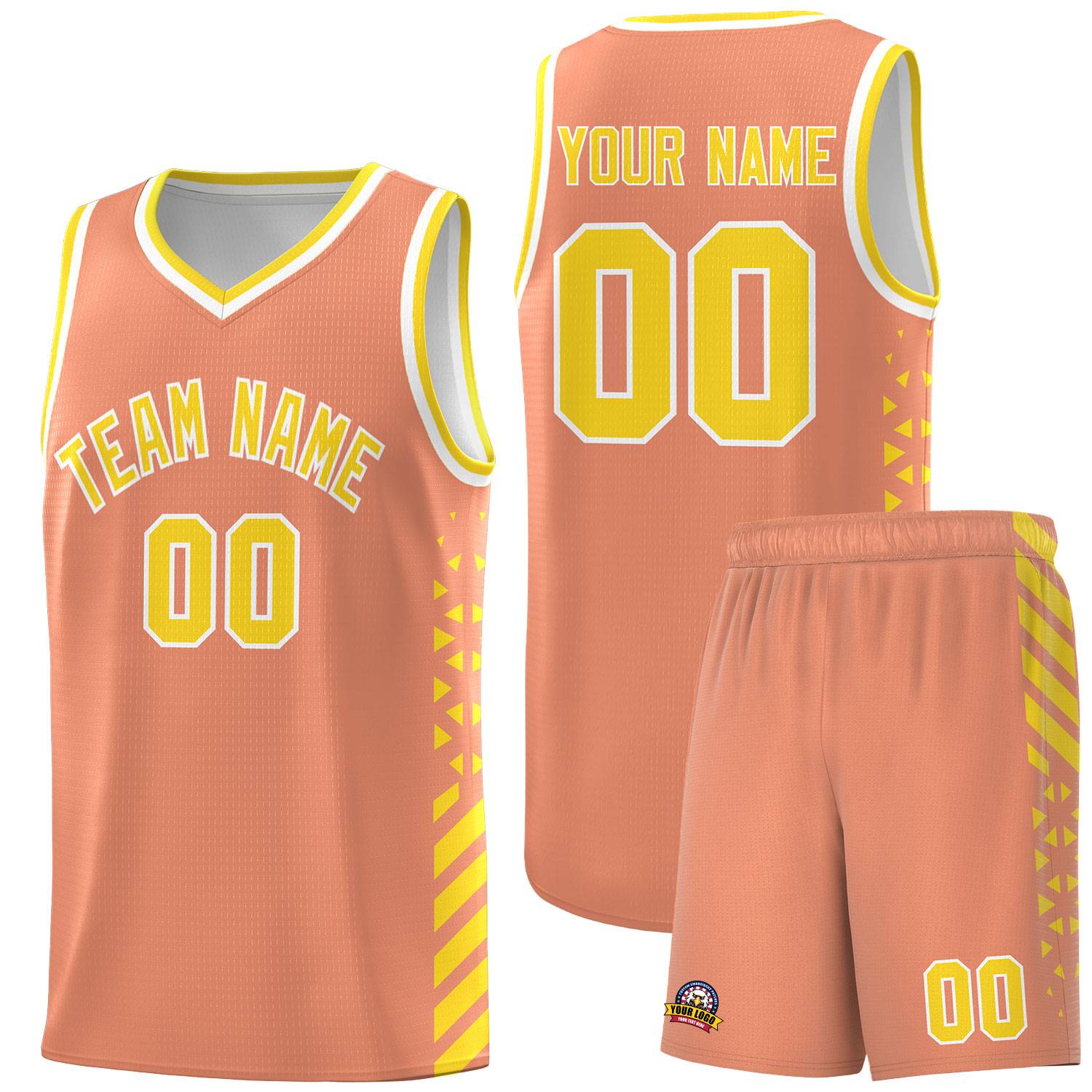 Custom Light Orange Basketball Kits With Side Gold Diamond Stripe Pattern