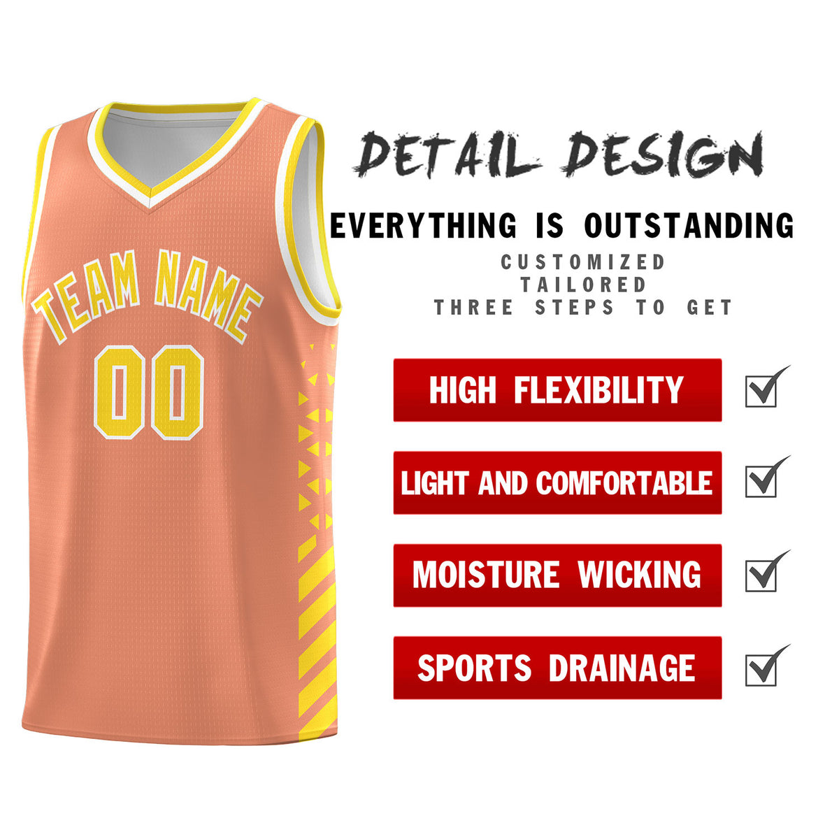 Custom Light Orange Basketball Kits With Side Gold Diamond Stripe Pattern