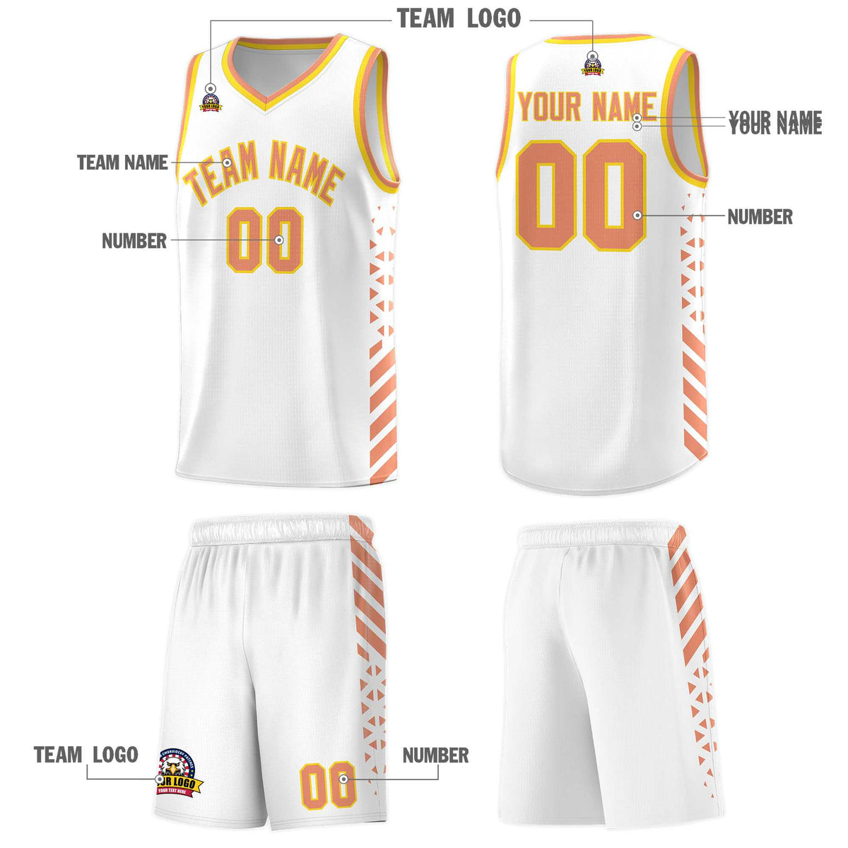 Custom White Basketball Kits With Side Light Orange Diamond Stripe Pattern